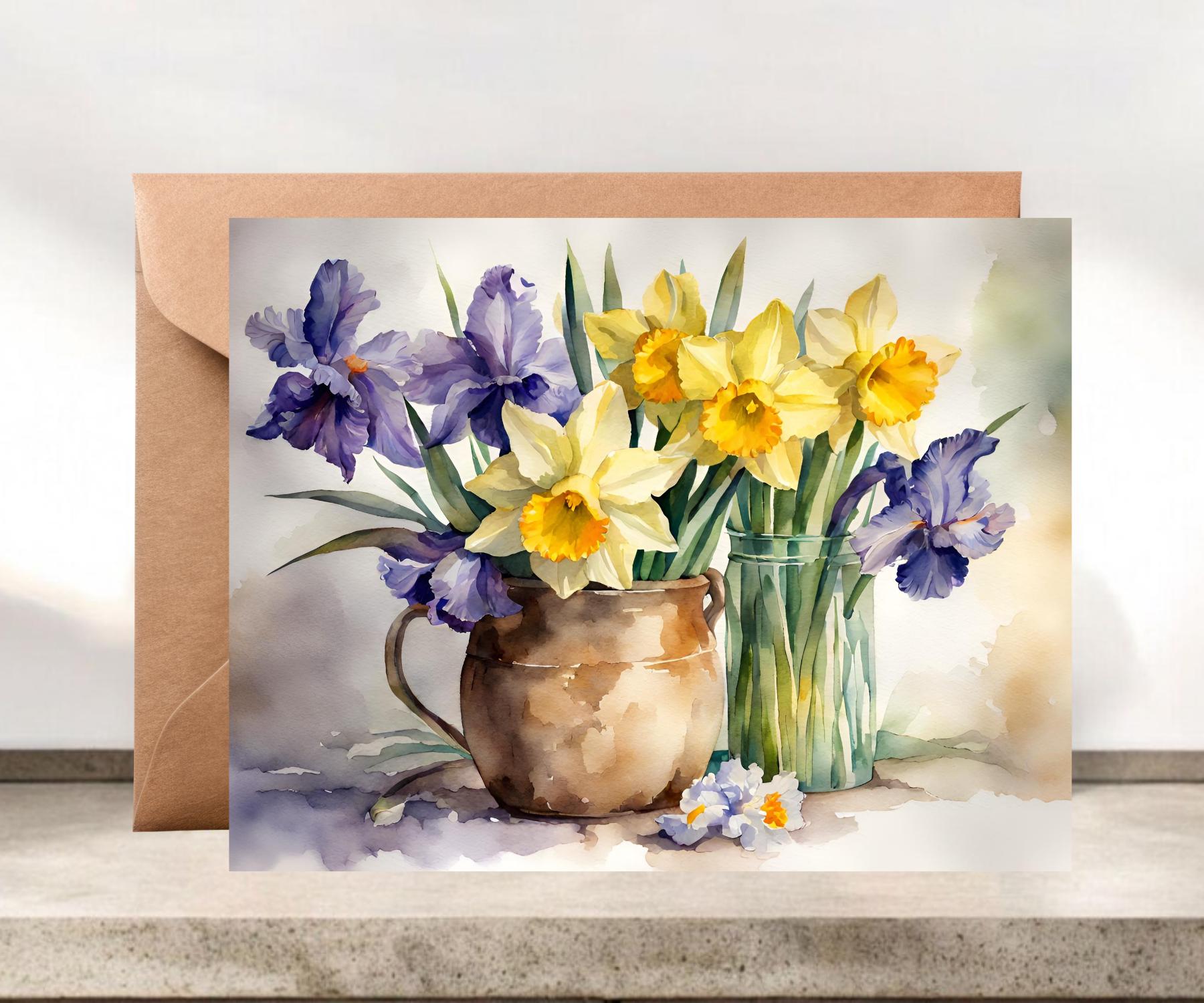 Watercolor Floral Notecards: Daffodil & Iris Bouquet Stationery Set