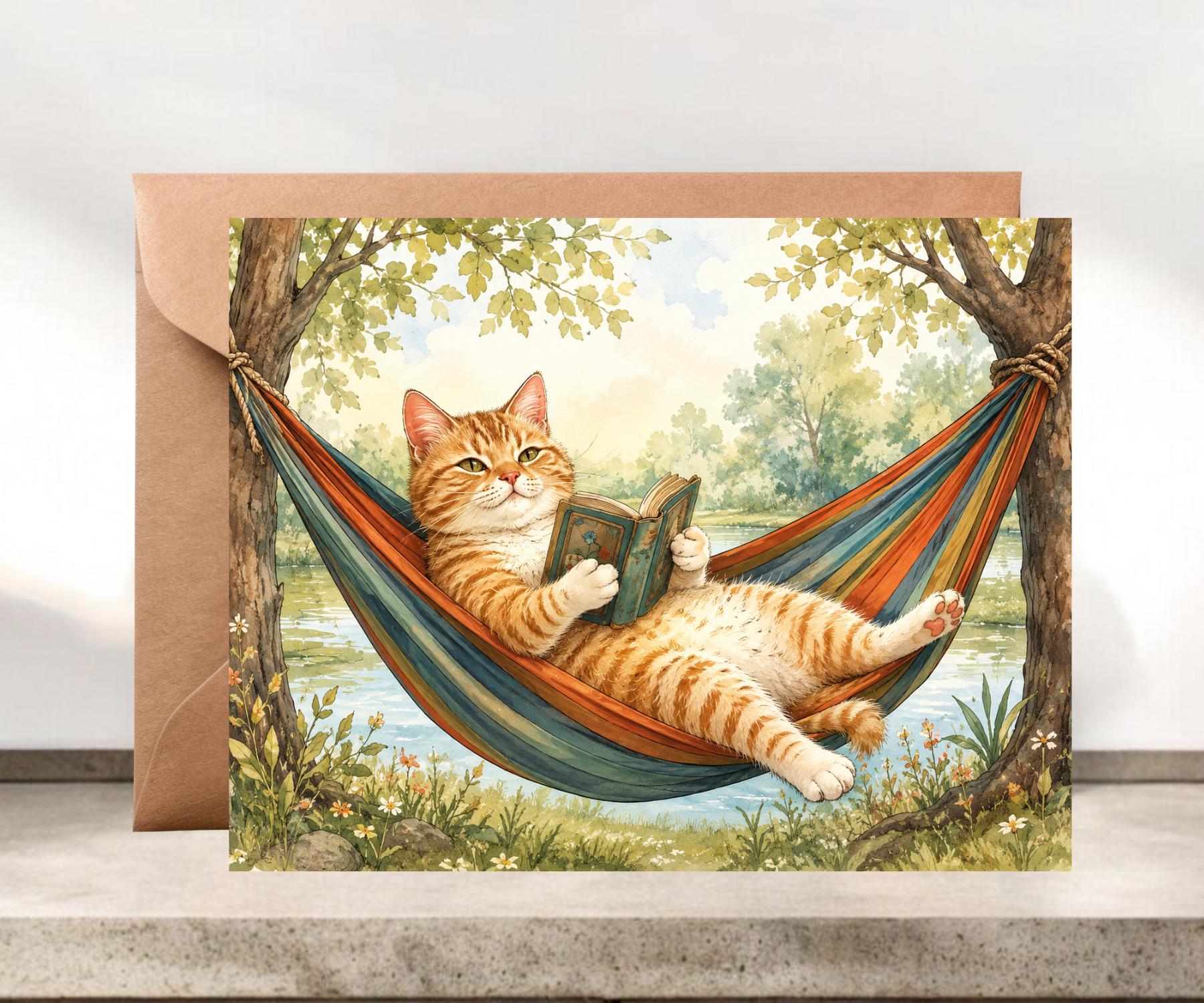 Whimsical Cat in Hammock Blank Greeting Card #039