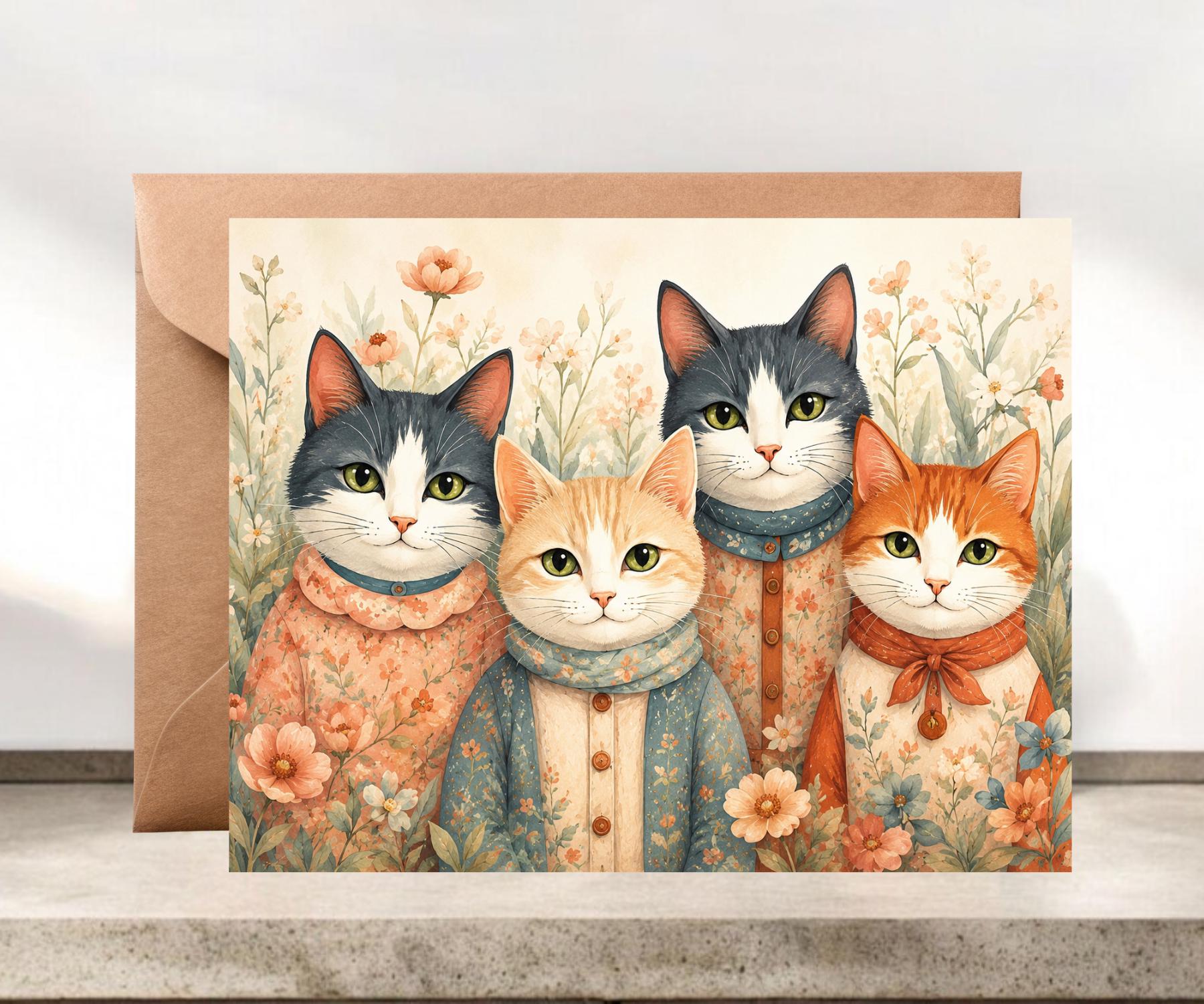 Whimsical Cottage Core Cats Greeting Card #031