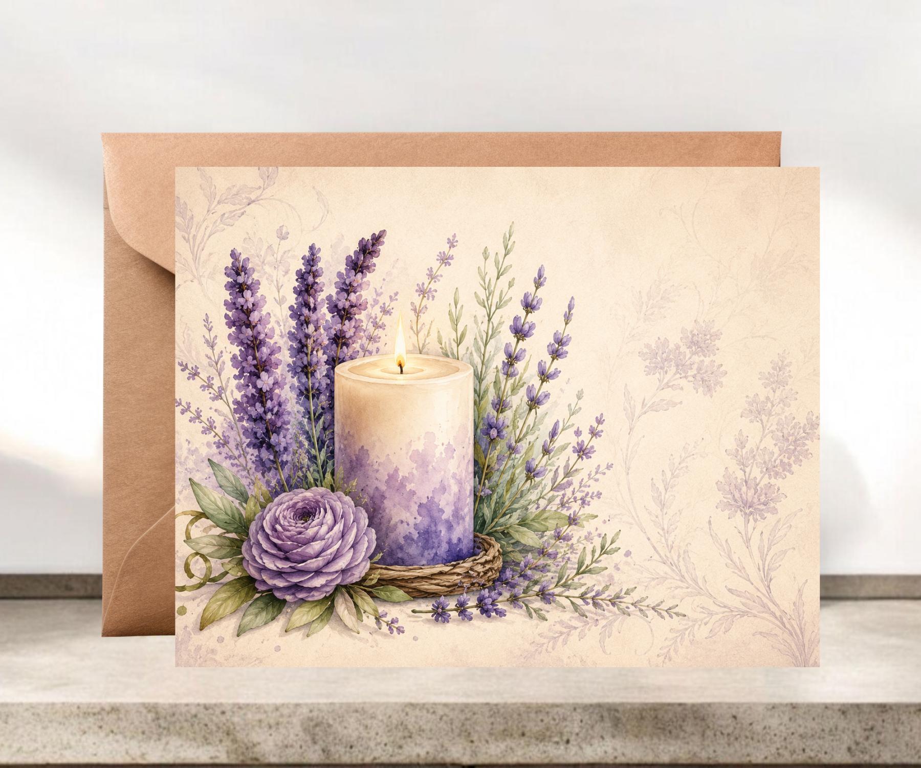 Lavender Candle and Flowers Blank Greeting Card #048