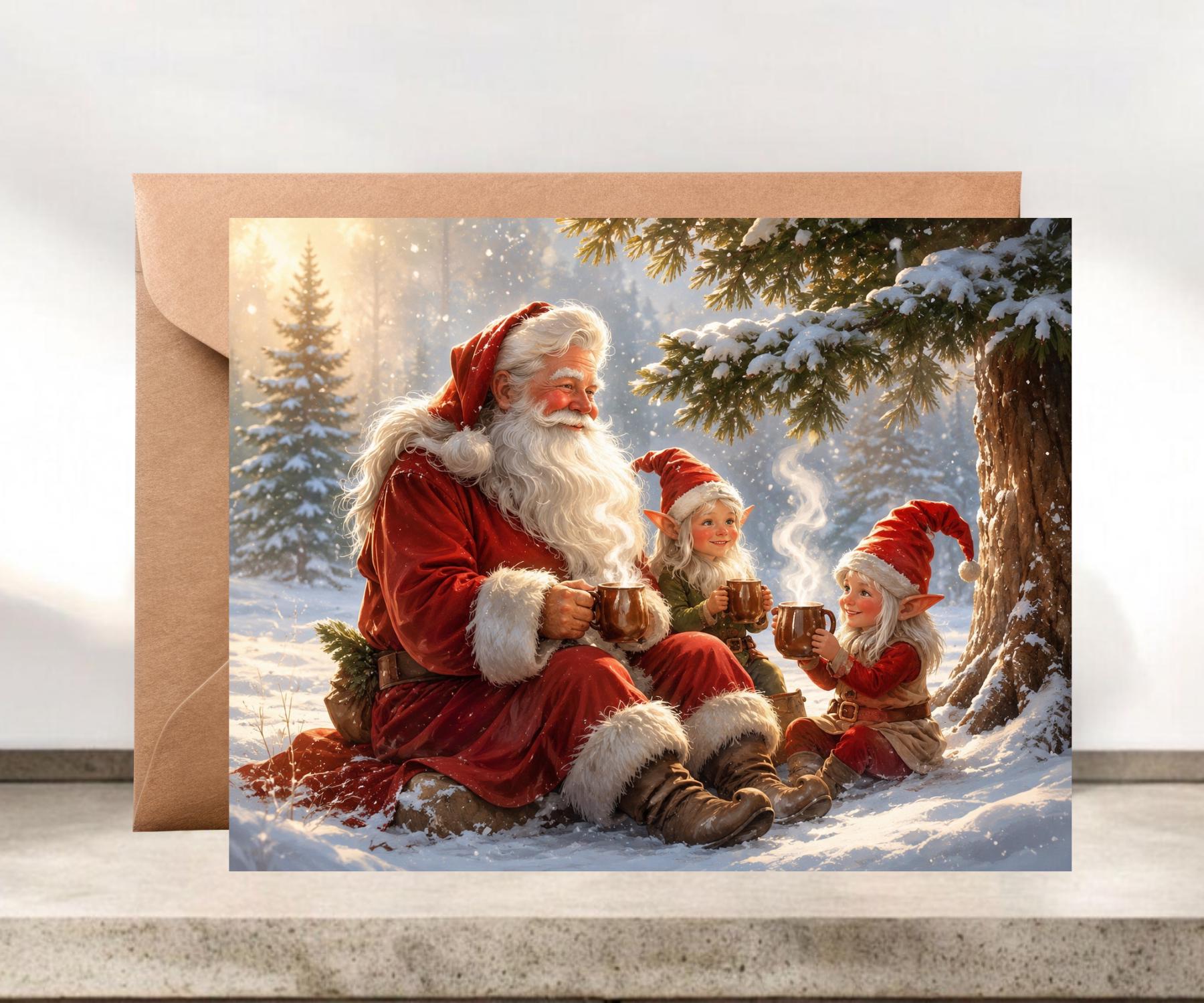 Old World Santa Christmas Card, Santa with Elves Holiday Card #075