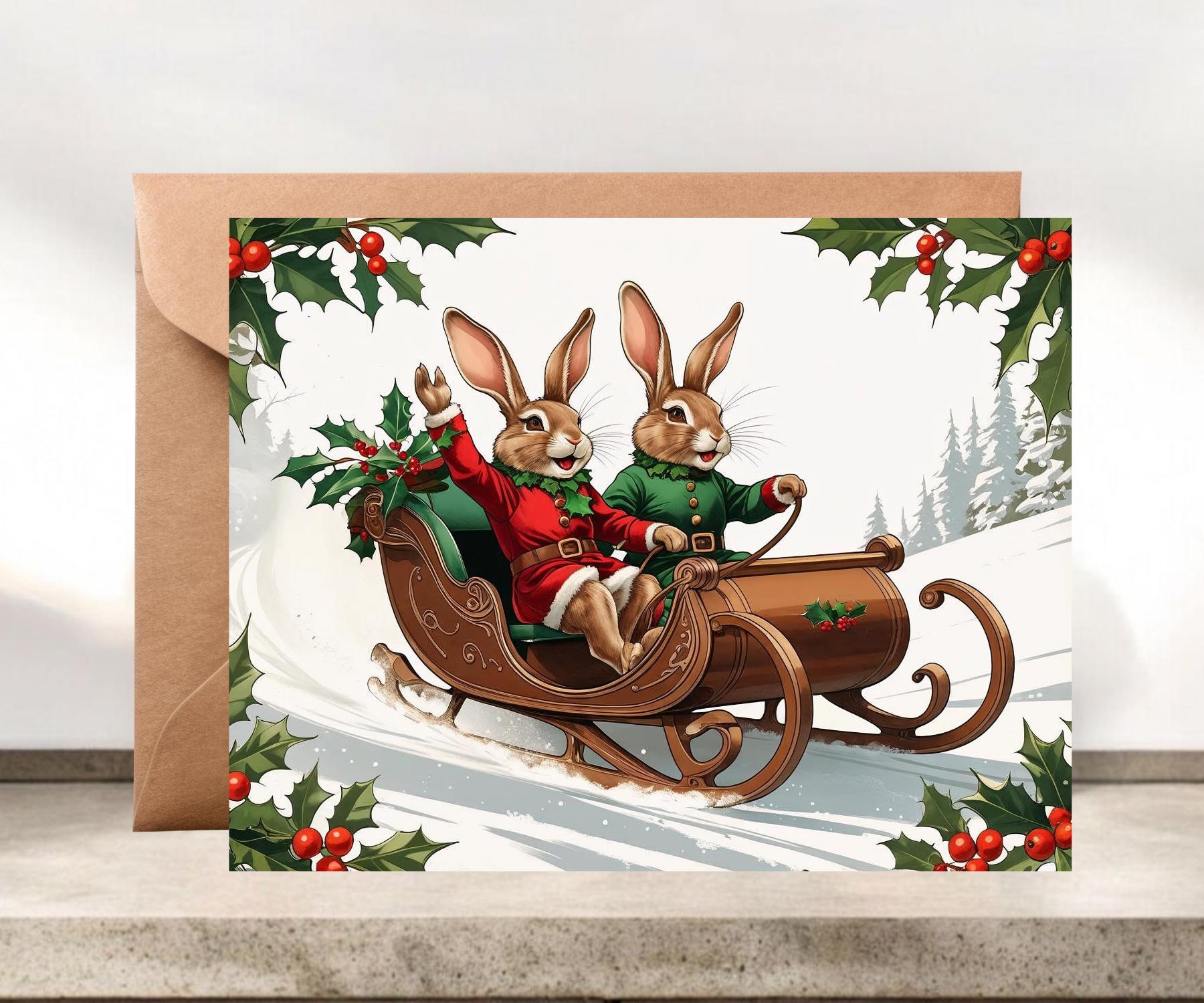 Vintage-Inspired Christmas Notecards: Humorous Rabbits on Sleigh Ride, #083