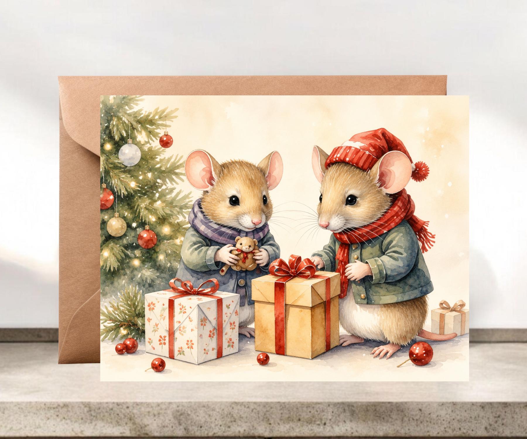 Whimsical Mice with Presents Blank Christmas Greeting Card #091