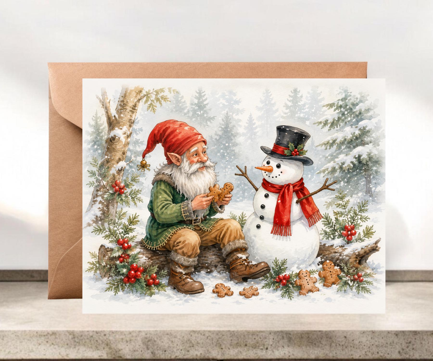 Whimsical Gnome and Snowman Christmas Card #098