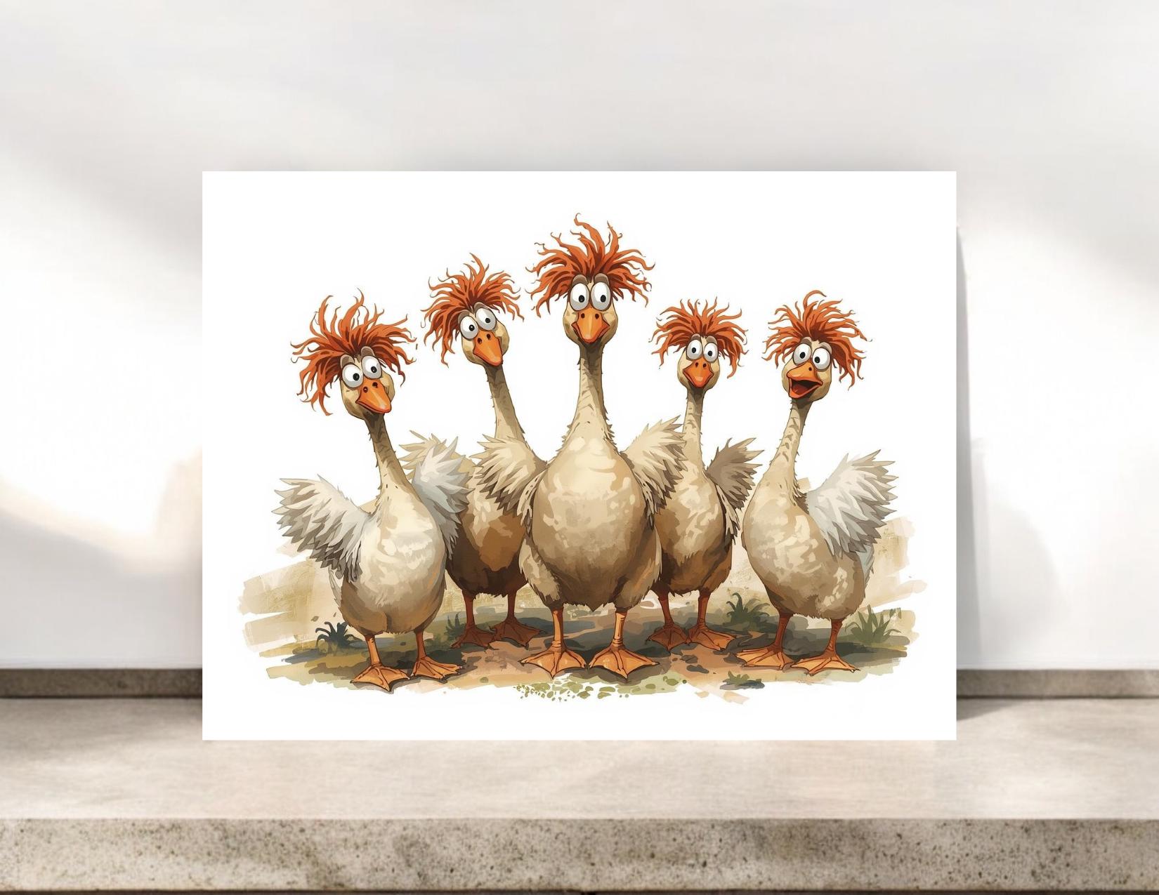Gaggle of Kooky Geese Notecards, Whimsical Geese Stationery #103