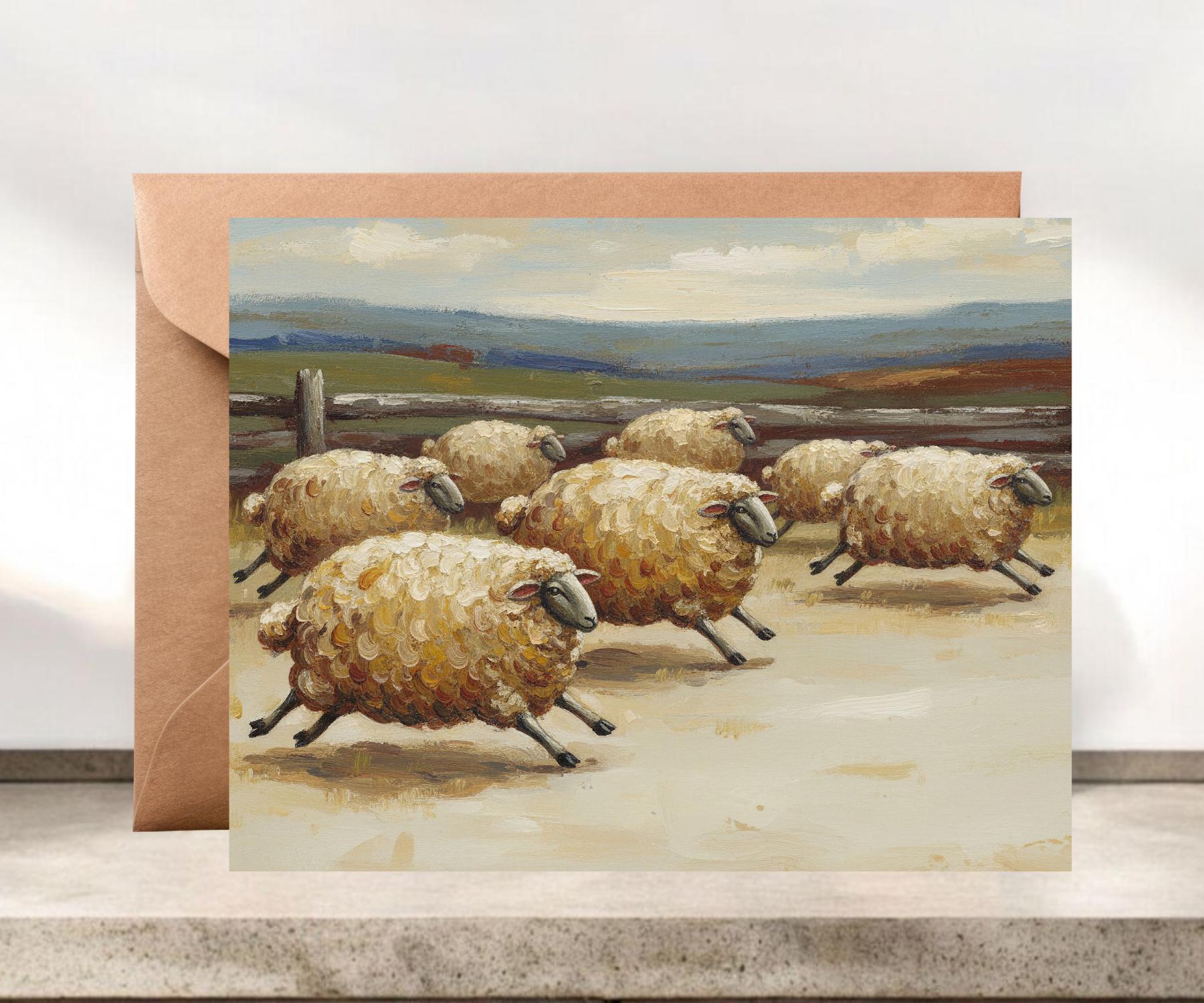 Folk Art Sheep Blank Greeting Cards, Whimsical Sheep #127