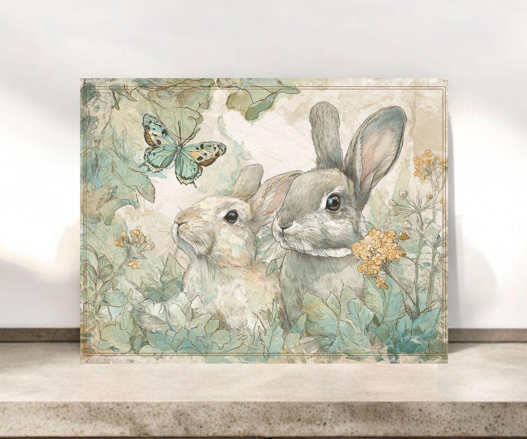 Cottage Core Rabbits Notecard, Rabbit Stationery #136