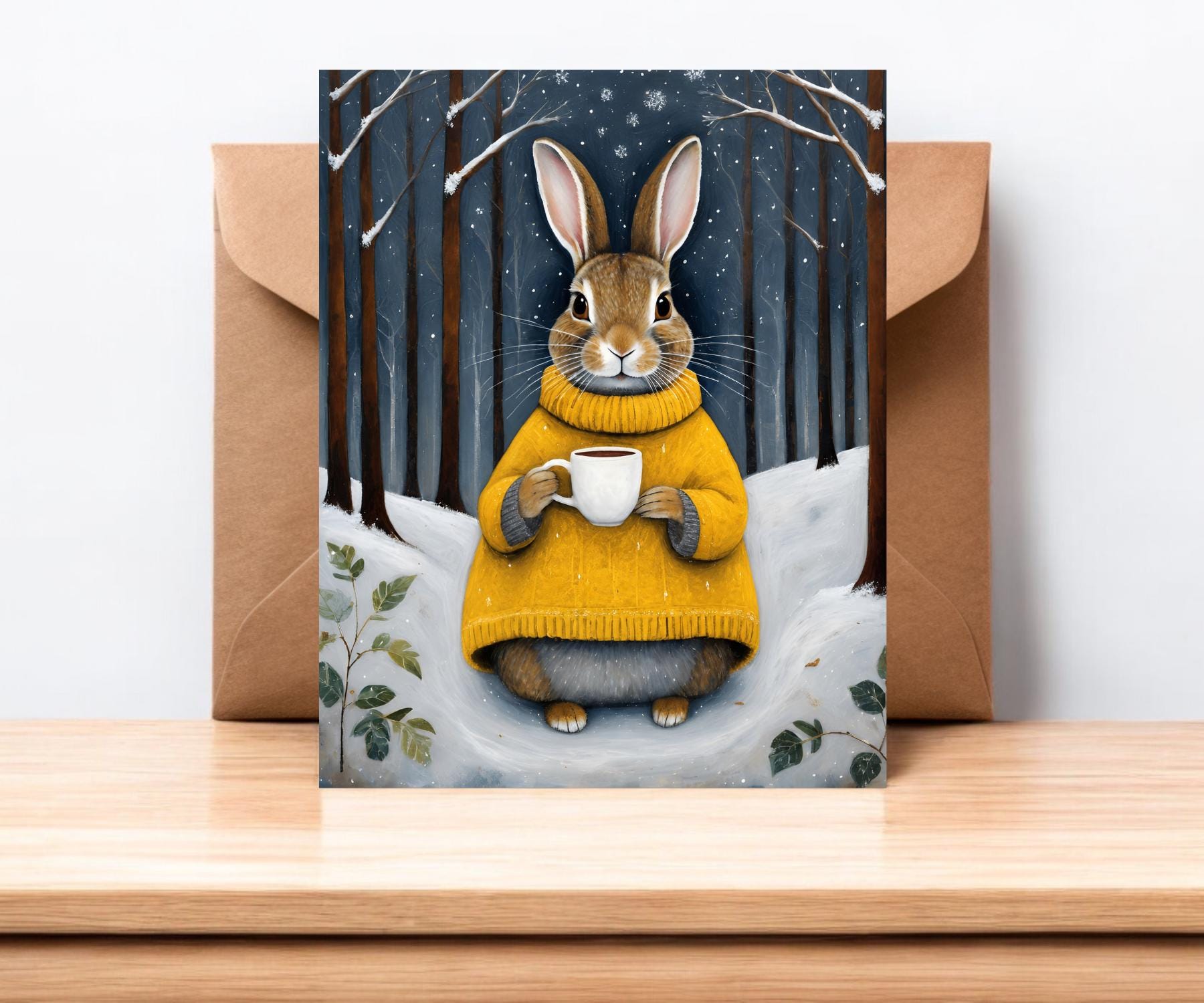 Whimsical Rabbit in Yellow Sweater Greeting Card #090