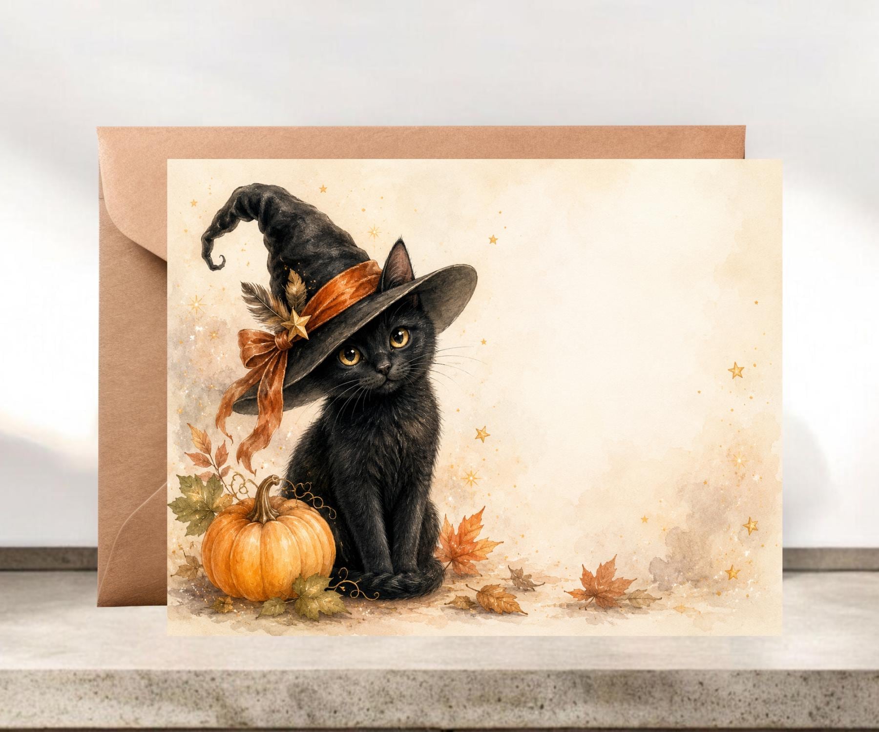 Witchy Black Cat Halloween Card, Halloween Greeting Card or Party Invitation
