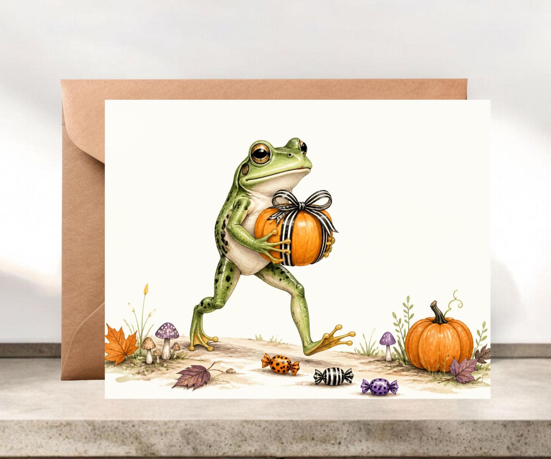 Tall Frog Delivering Pumpkin Halloween Fall Card #087