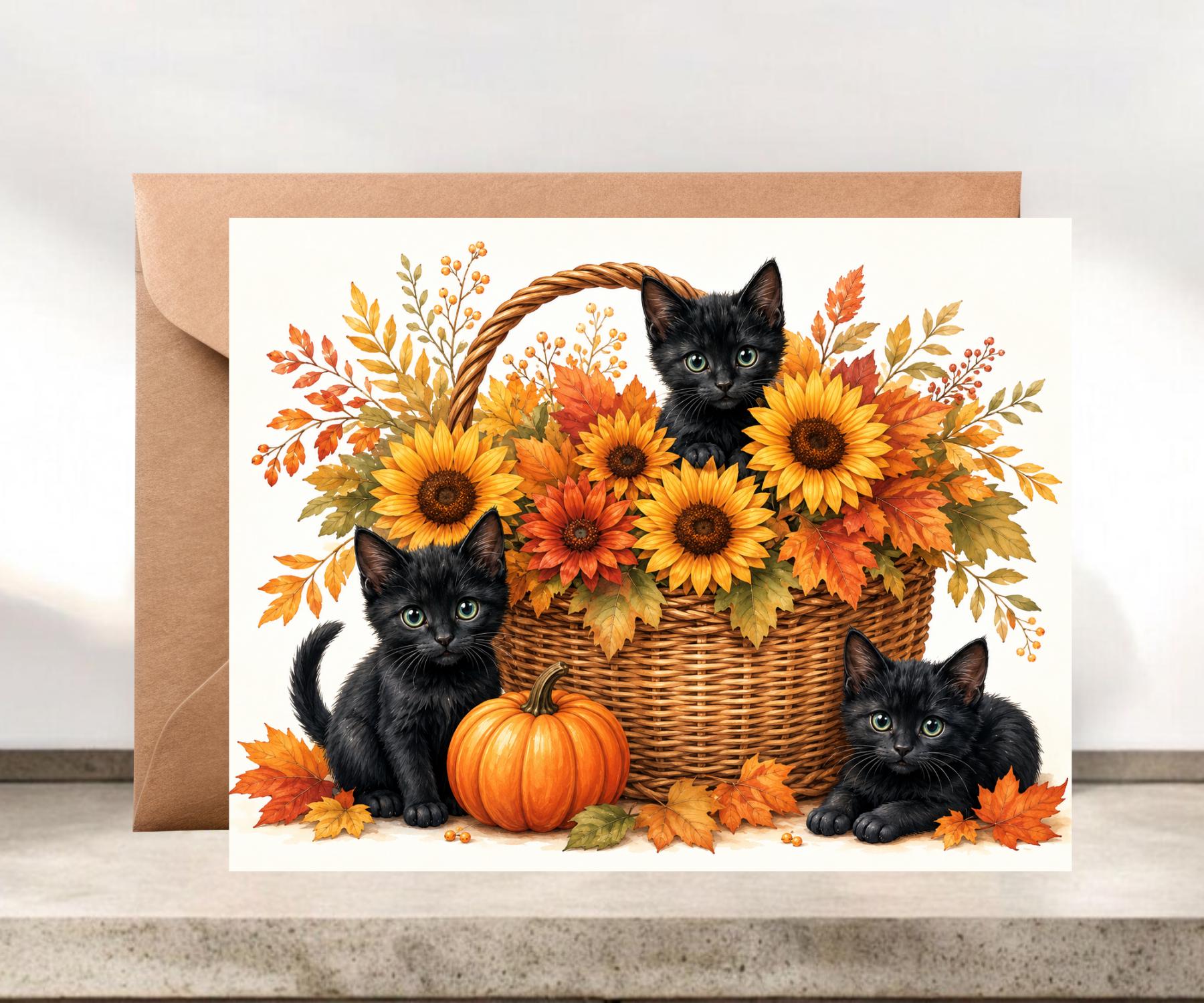 Black Kittens in Basket of Orange Flowers Halloween Card #067