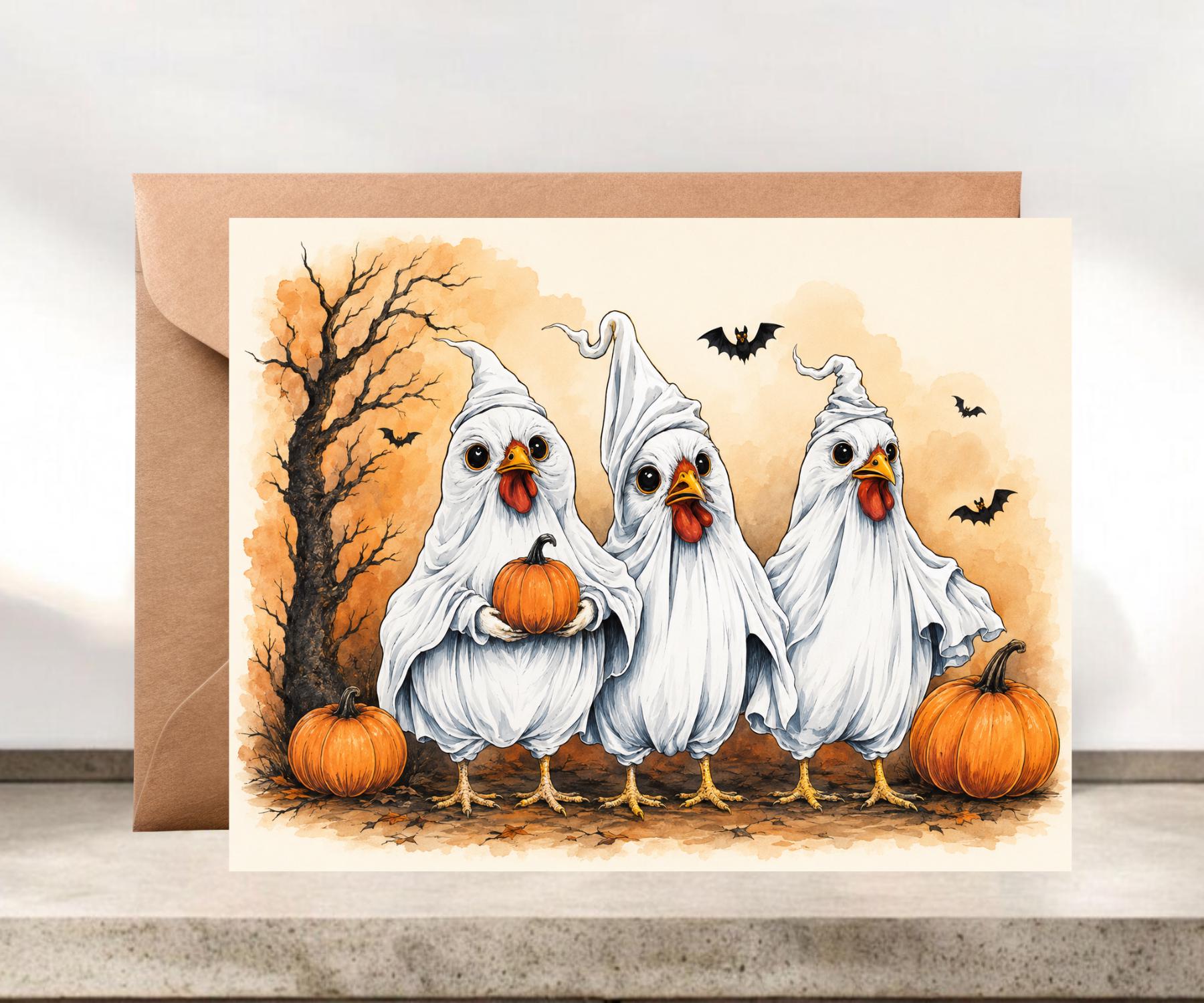 Chicken Ghosts Whimsical Halloween Card #081