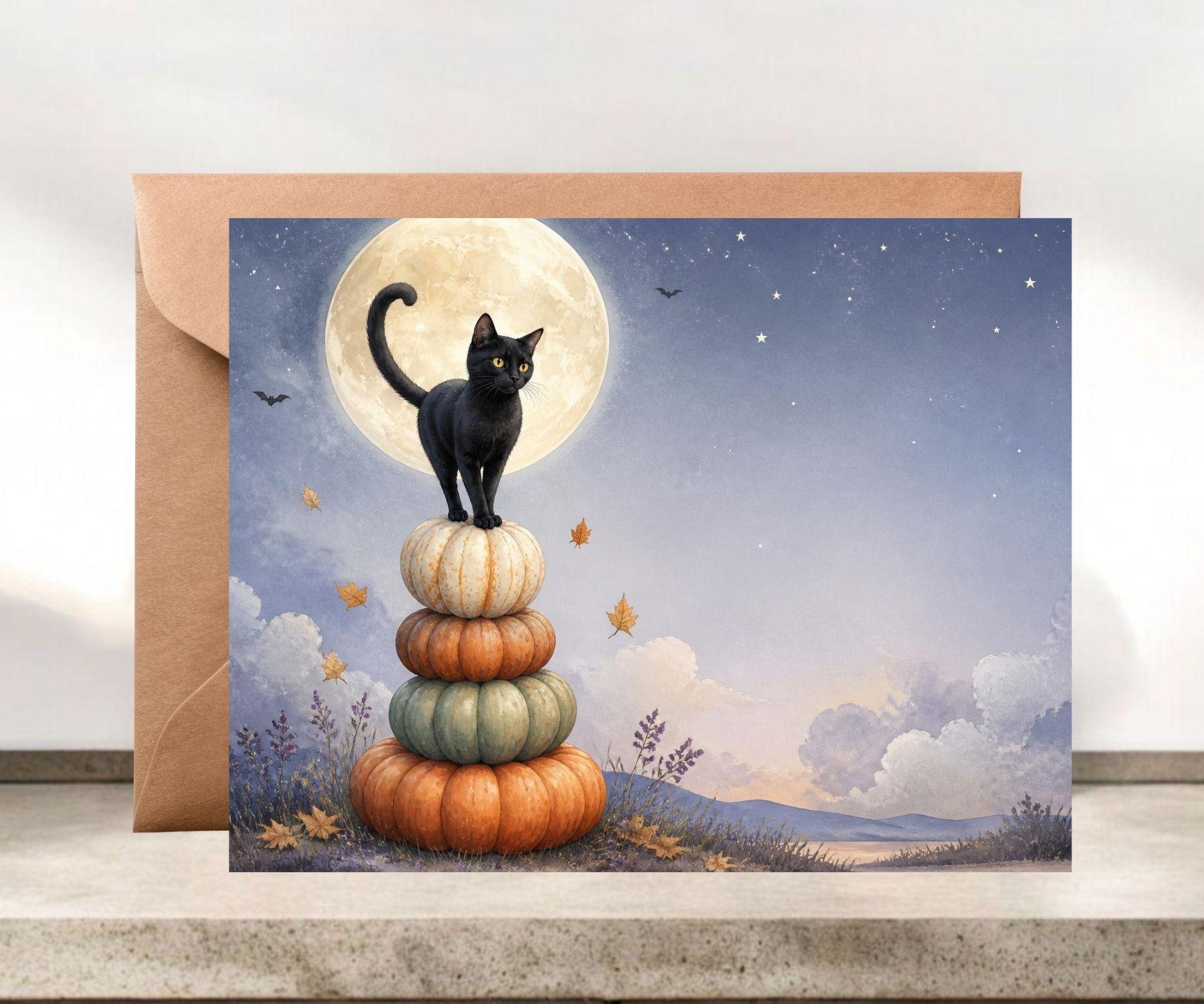 Black Cat on Pumpkin Stack Halloween Card, Halloween Party Invitation #138