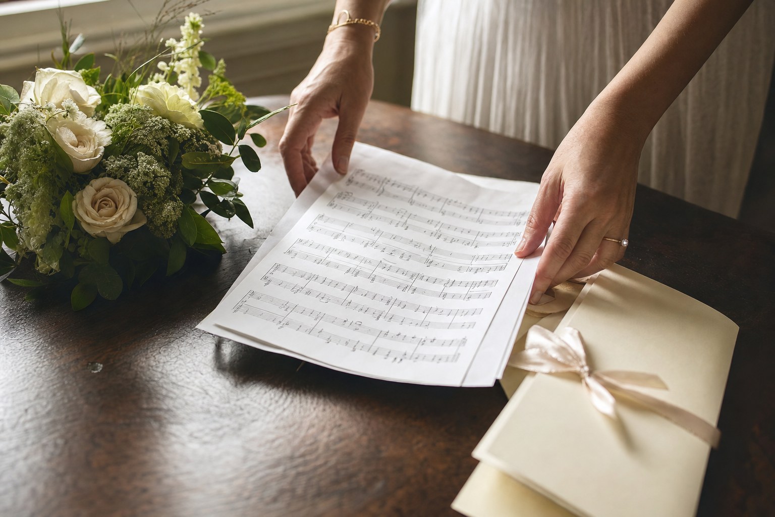 Hands arranging ceremony music notes beside a small bouquet