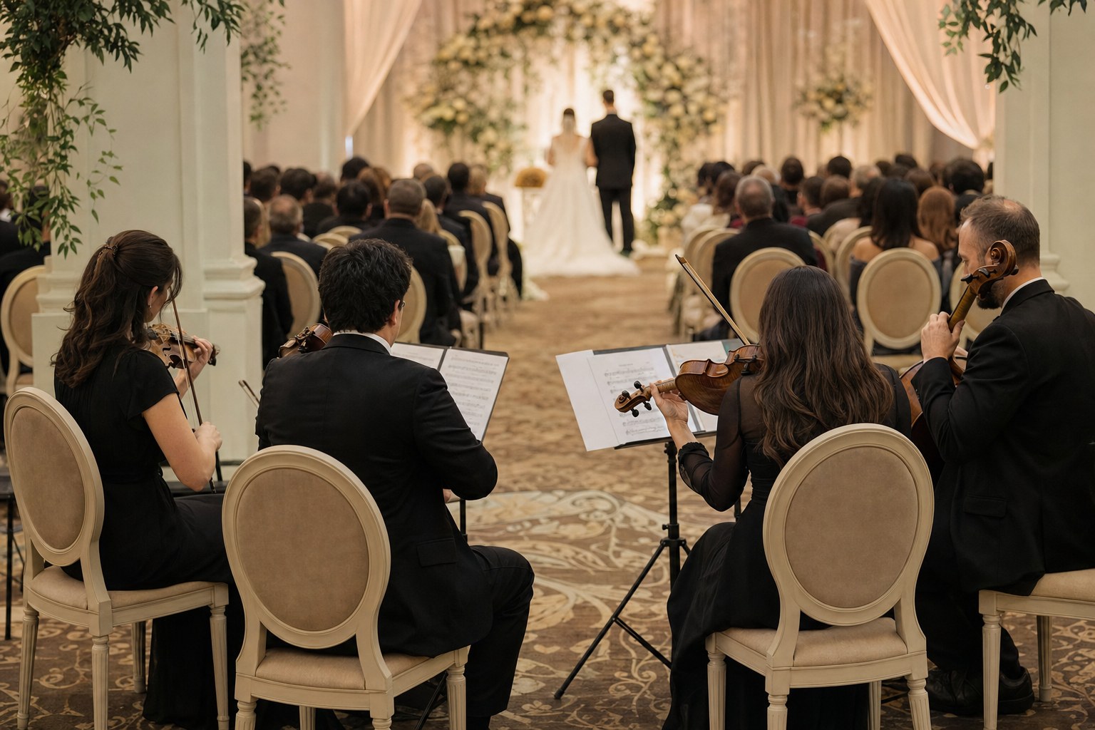 String quartet performing at an indoor wedding ceremony