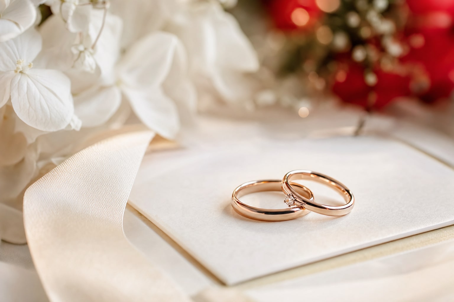 Wedding rings on an elegant floral and silk background