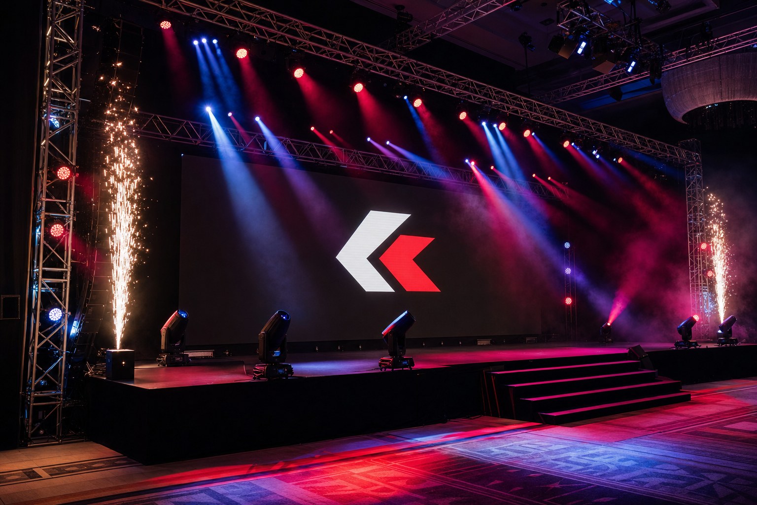 Corporate event stage with truss lighting and spark fountains