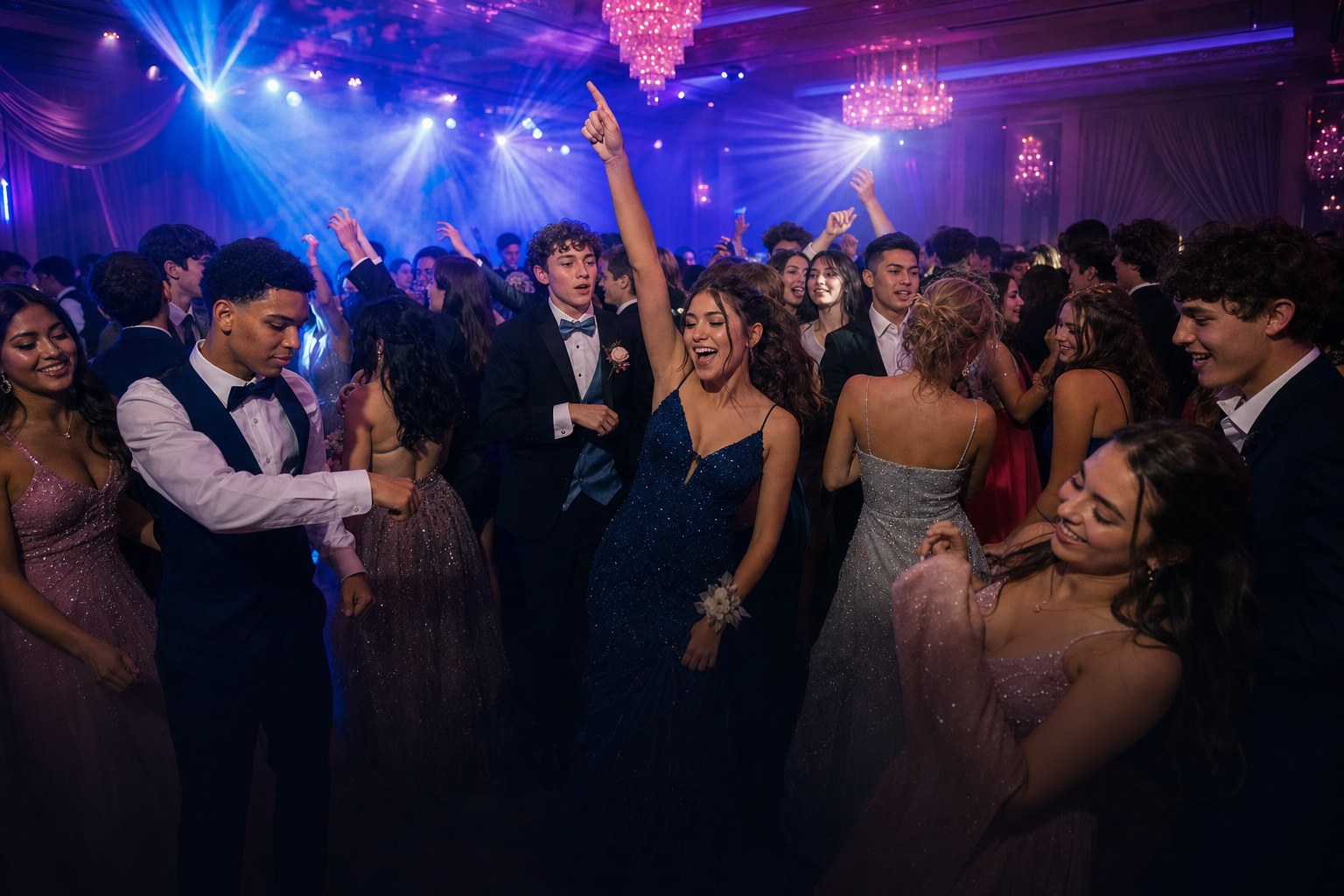 Students dancing together beneath prom lighting