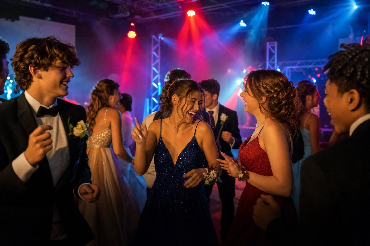 Friends celebrating on a prom dance floor