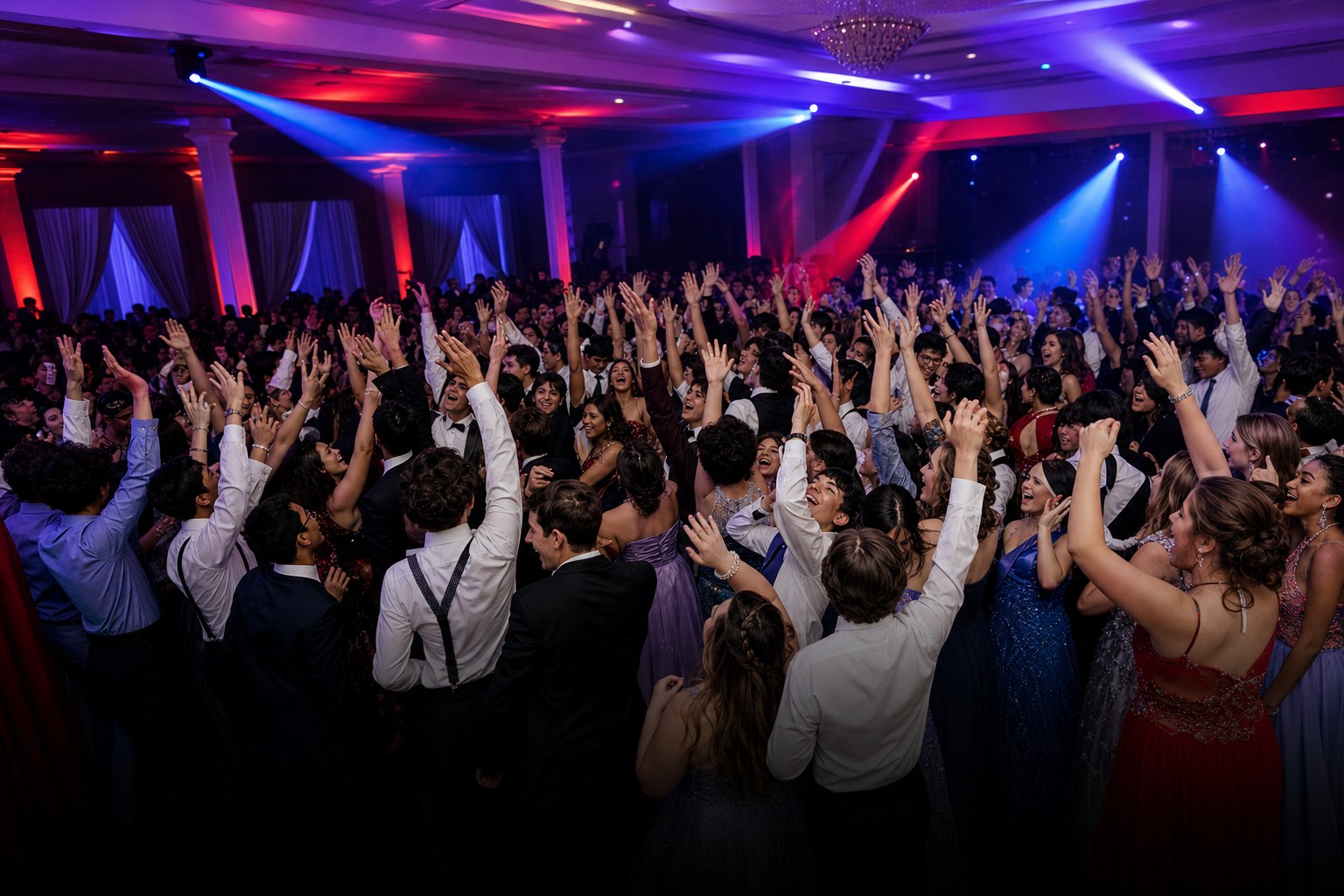 Packed prom dance floor with hands raised beneath colorful lights
