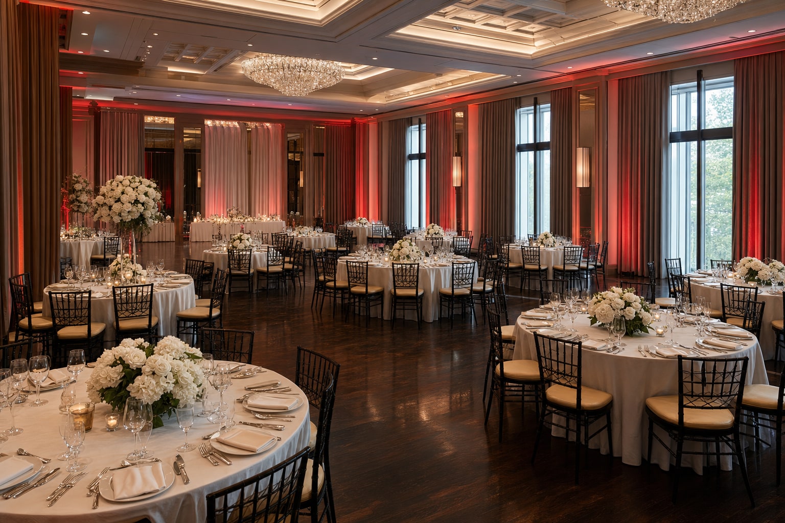 Elegant wedding ballroom prepared for a reception