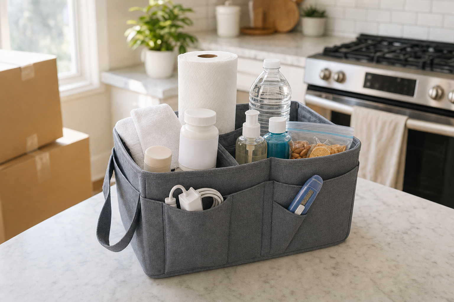 A moving-day essentials tote with water, toiletries, towels, snacks, and a phone charger
