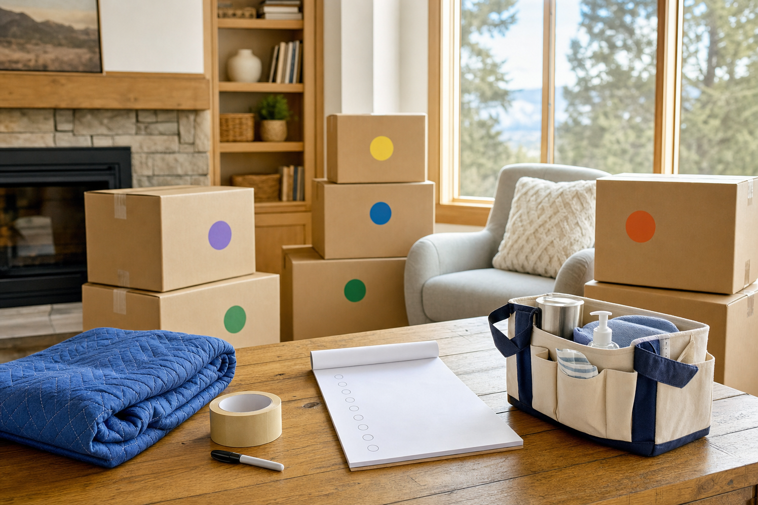 Moving boxes, a checklist, and packing supplies organized in a living room