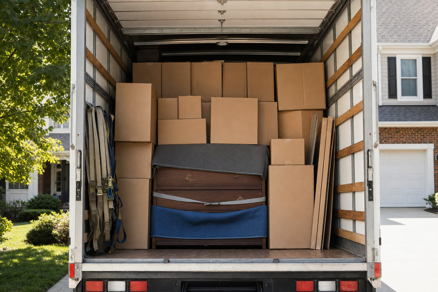 A moving truck loaded with protected furniture and neatly arranged moving boxes
