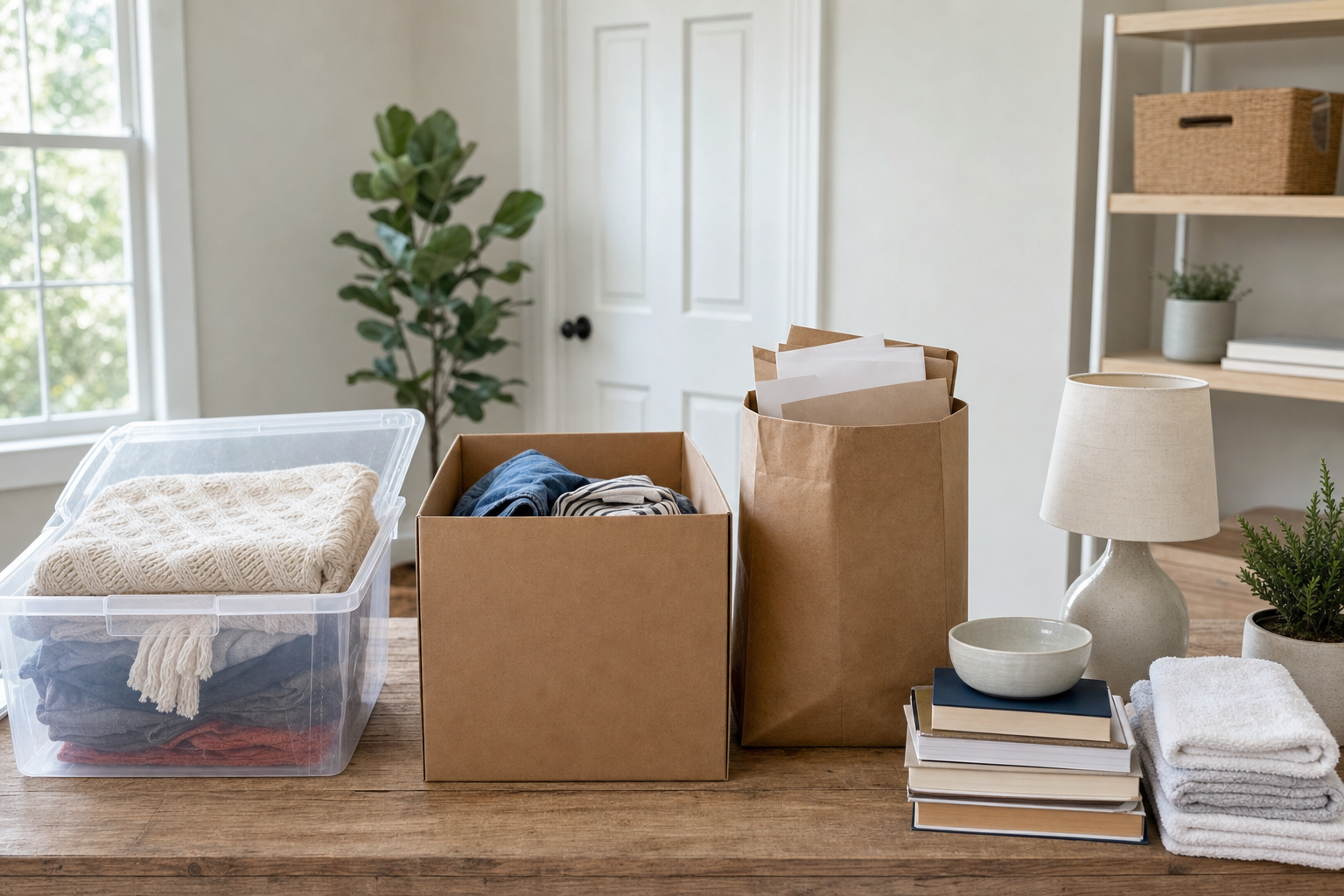 Household belongings sorted into a bin, box, and paper bag before packing