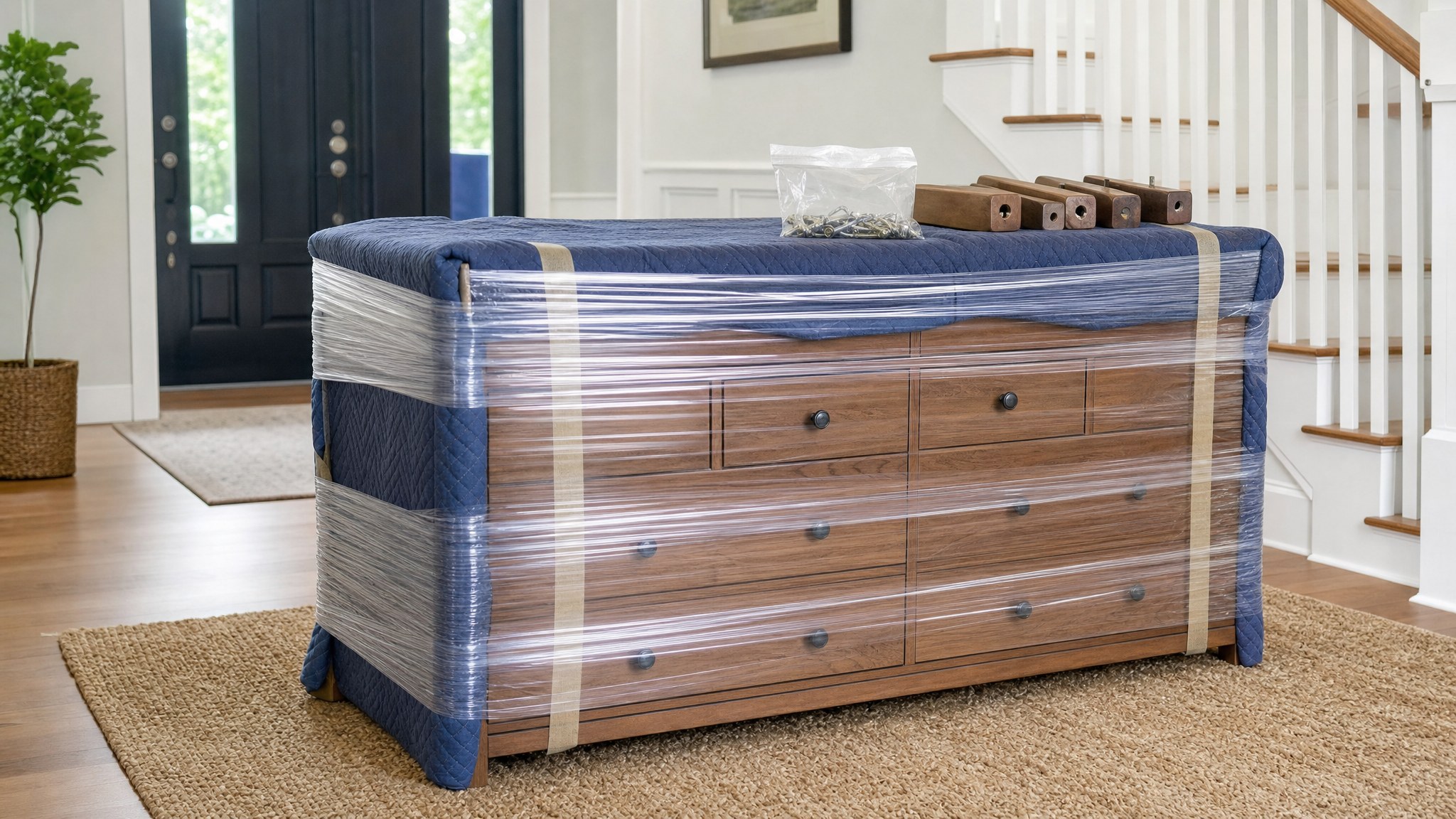 A wooden dresser protected with moving blankets and wrap before a move