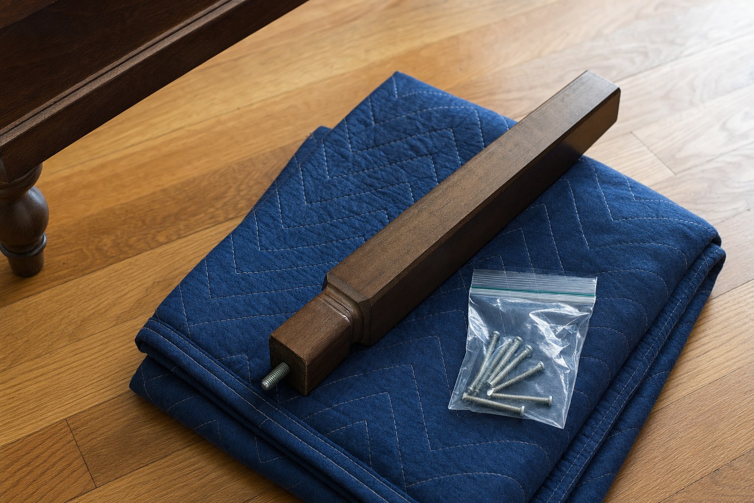A removable wooden table leg and hardware bag placed on a moving blanket