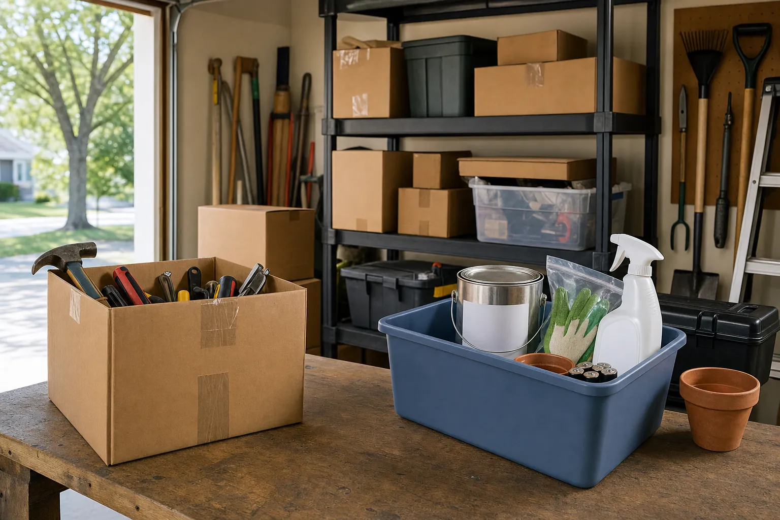 Garage items sorted into ordinary moving tools and products that need special handling