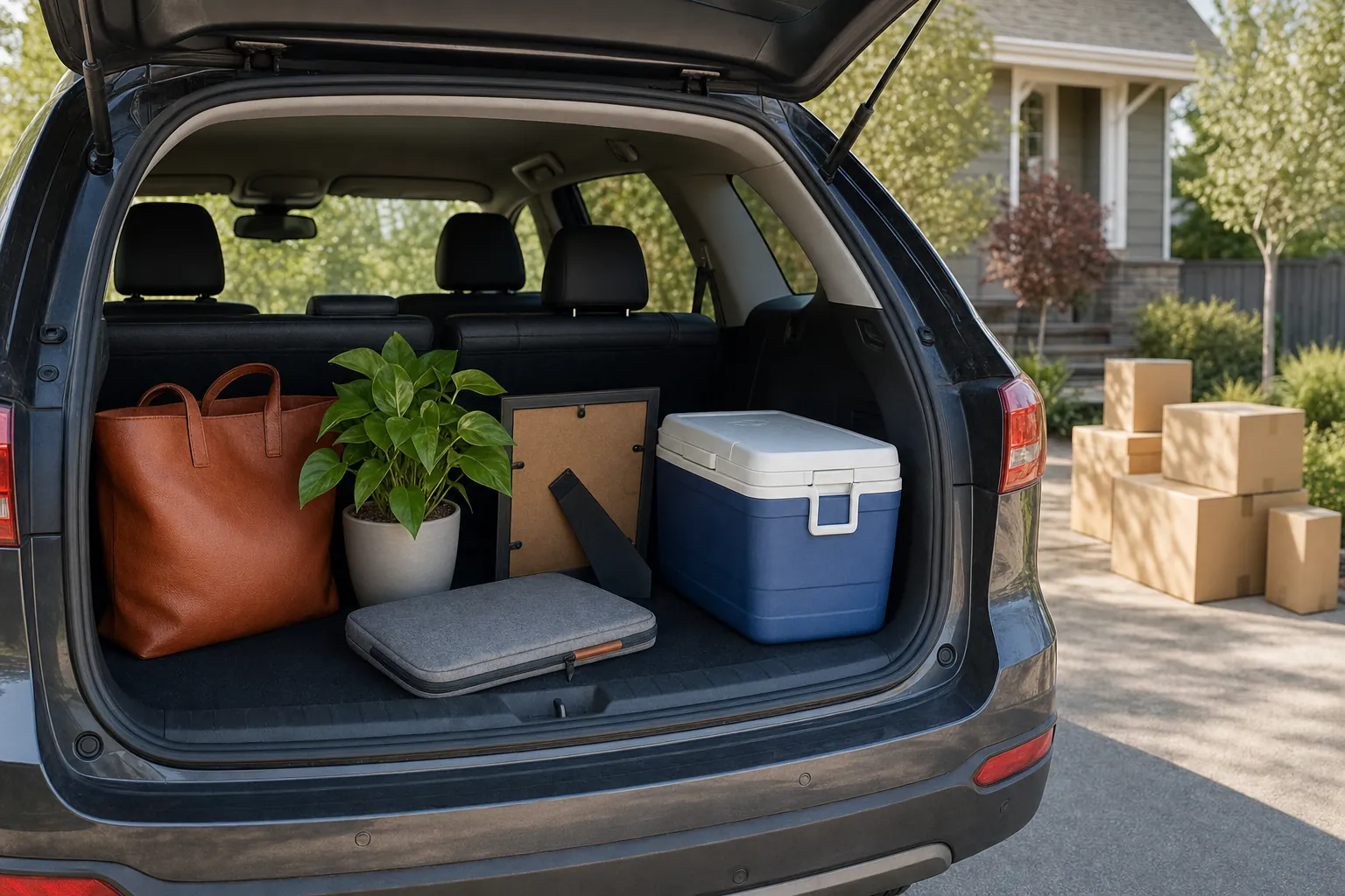 A personal tote, plant, cooler, and laptop sleeve packed in a family vehicle before a move