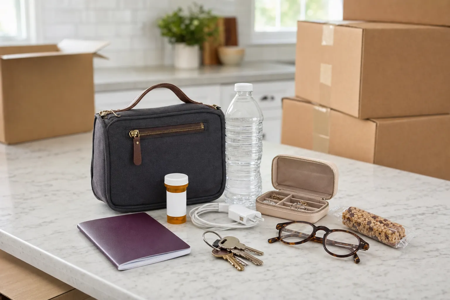 A day bag, medications, keys, charger, glasses, and water set apart for moving day
