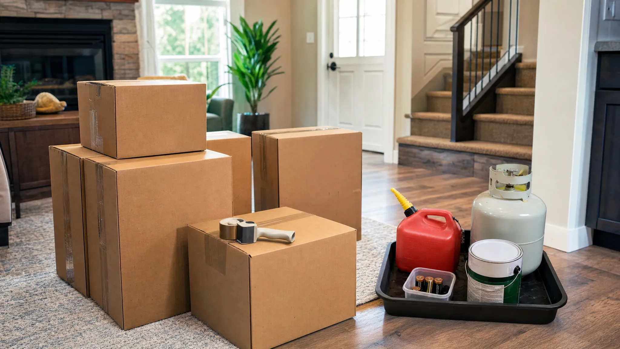 Moving boxes beside a separate tray of items that need special handling