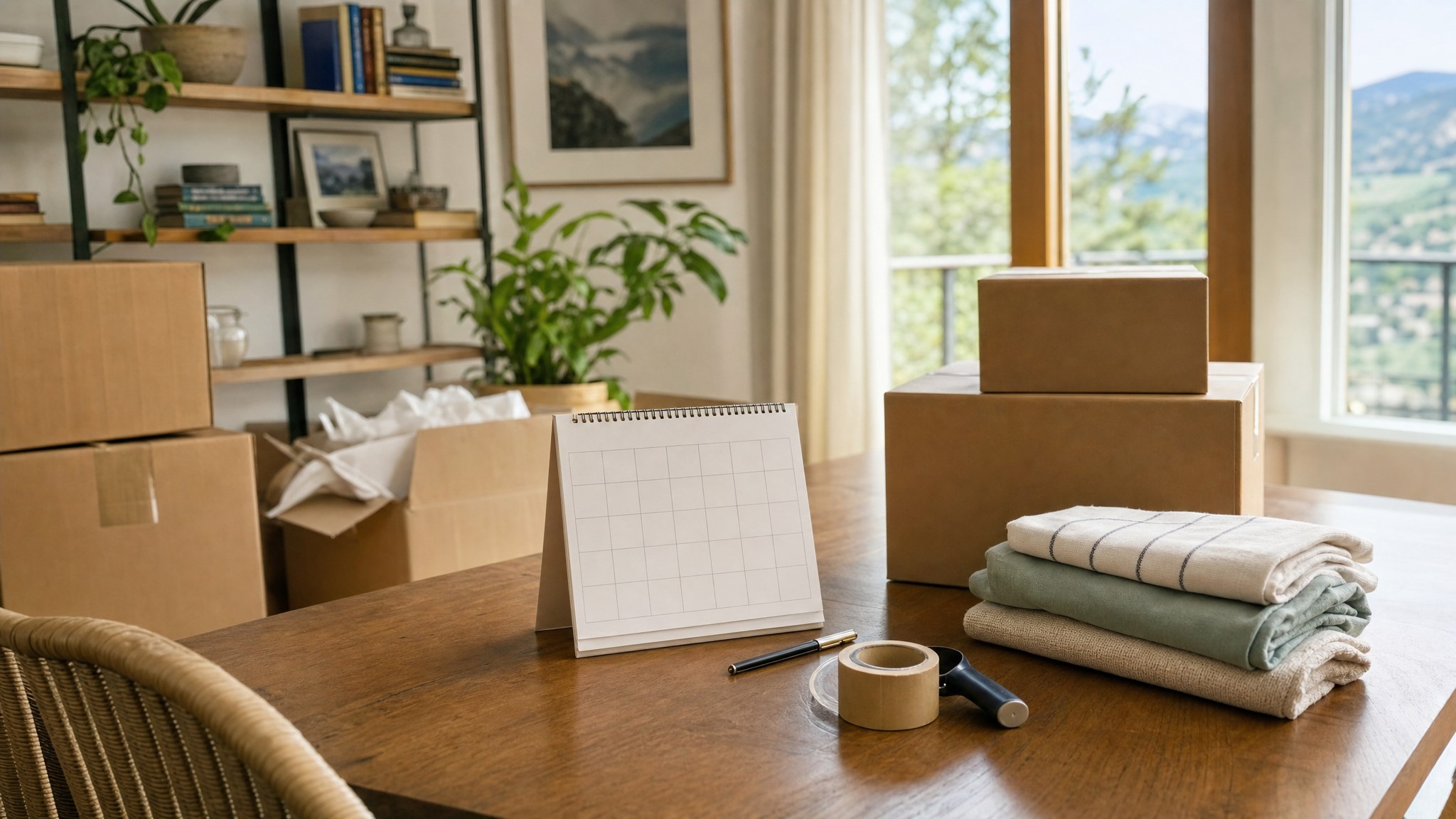Moving boxes, a blank calendar, and folded linens arranged for a planned move