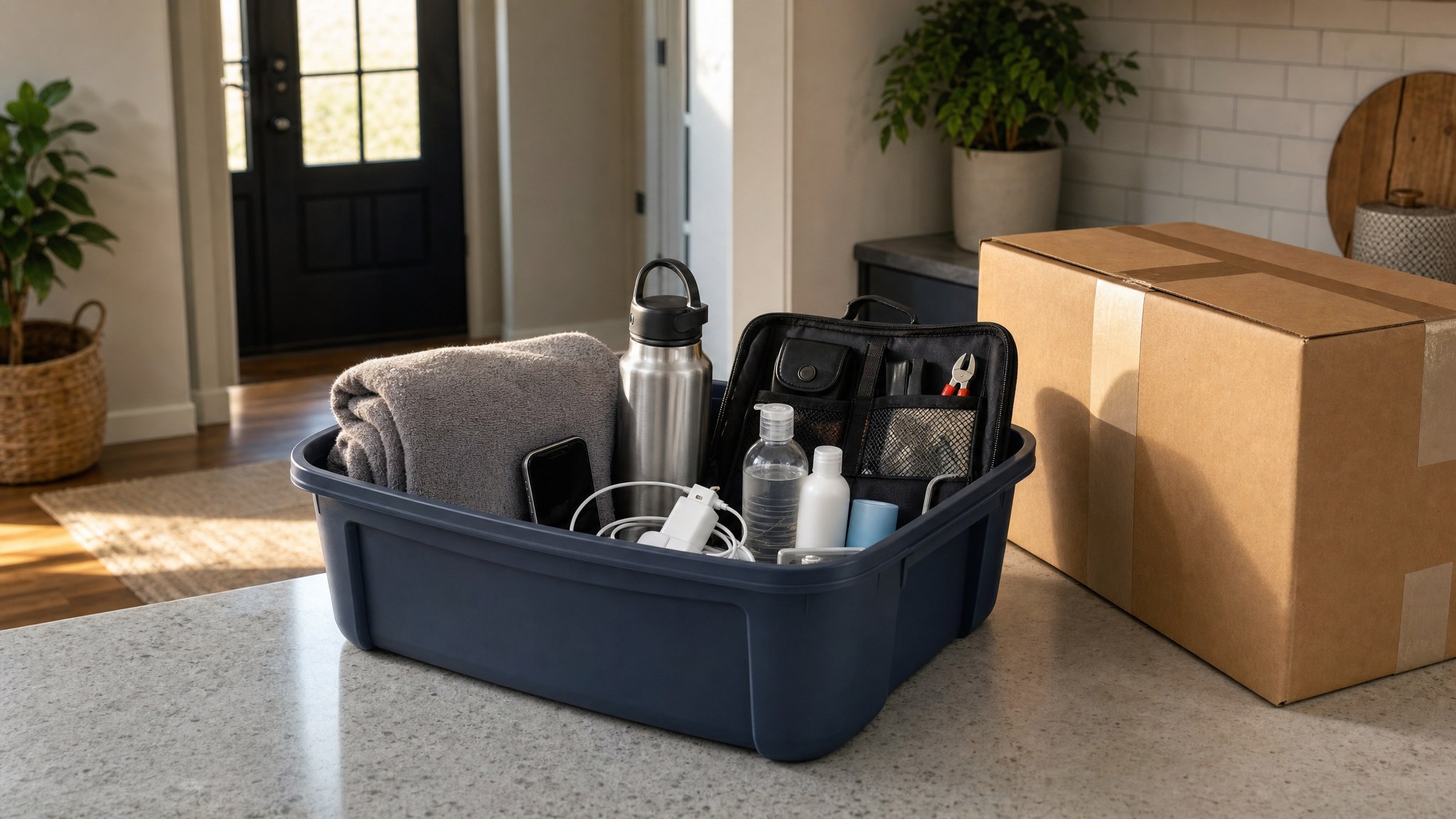 A moving essentials tote with a towel, water bottle, phone charger, toiletries, and a small tool kit
