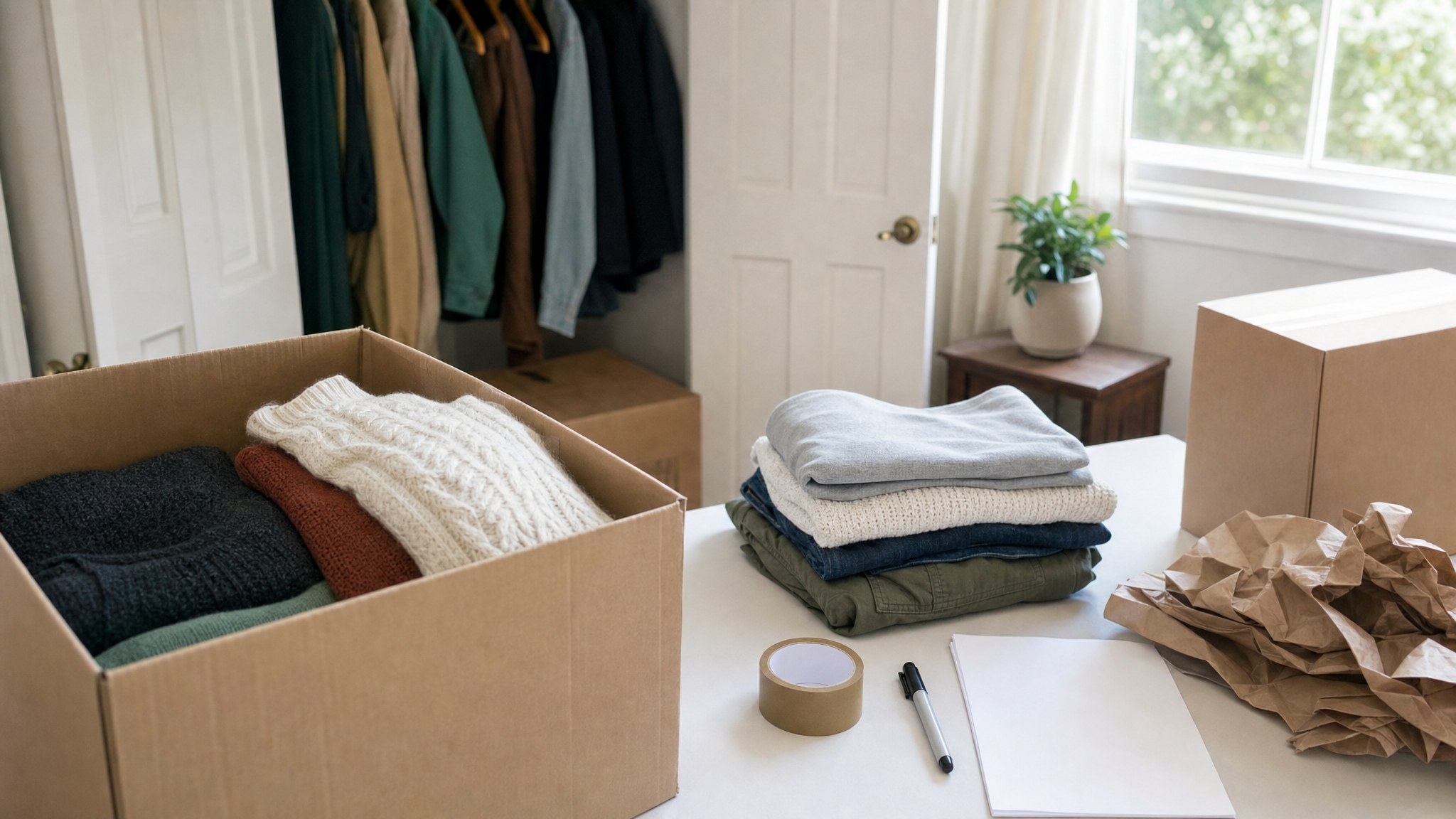 Folded clothes, packing paper, and moving boxes arranged beside an open closet