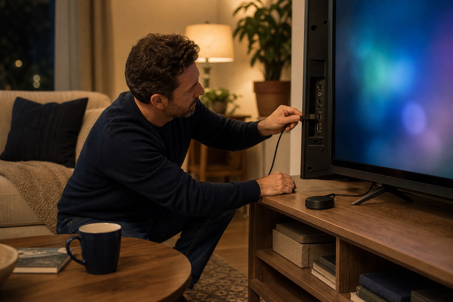 Household member connecting a streaming device to a television