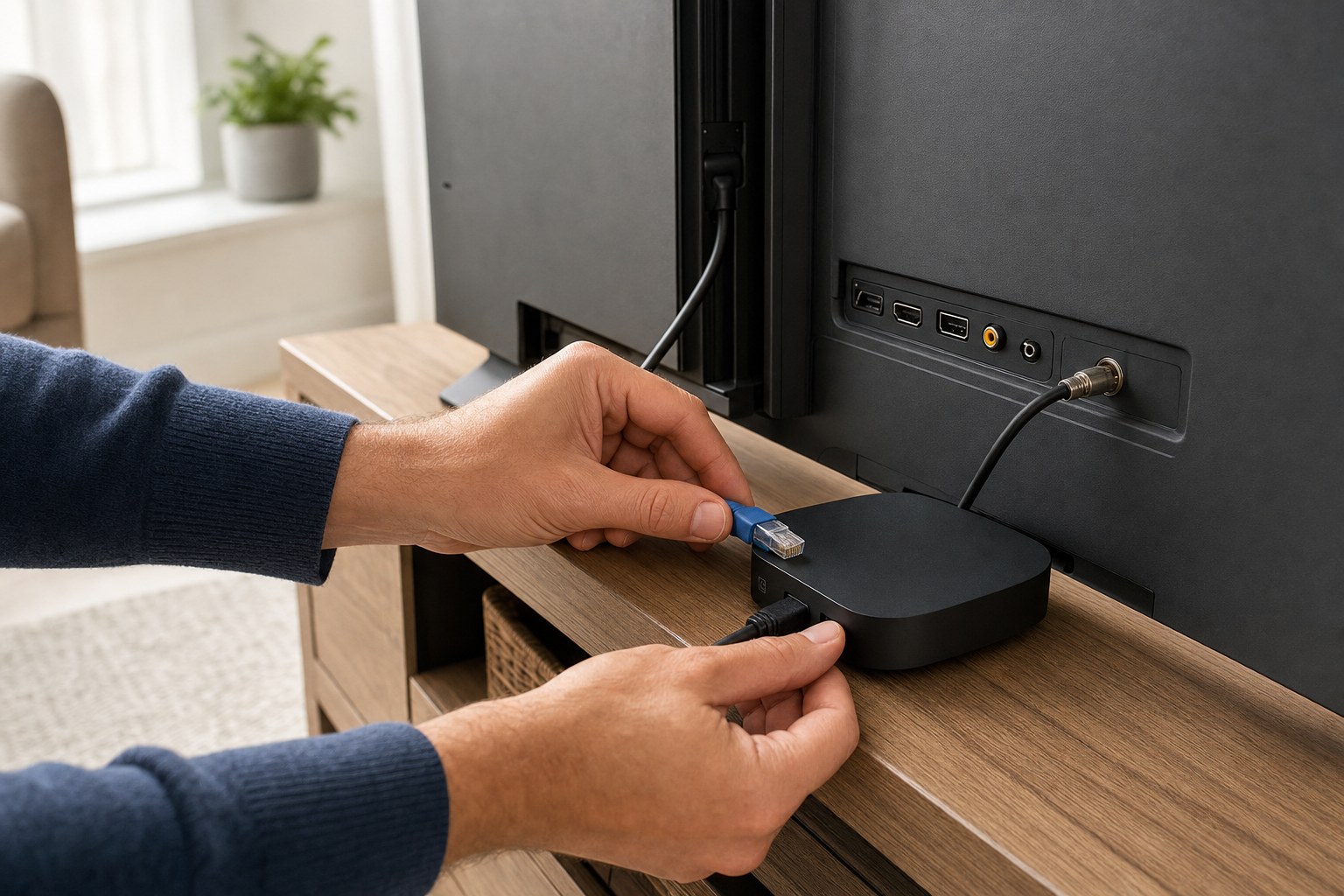Temporary Ethernet connection being tested with a television setup
