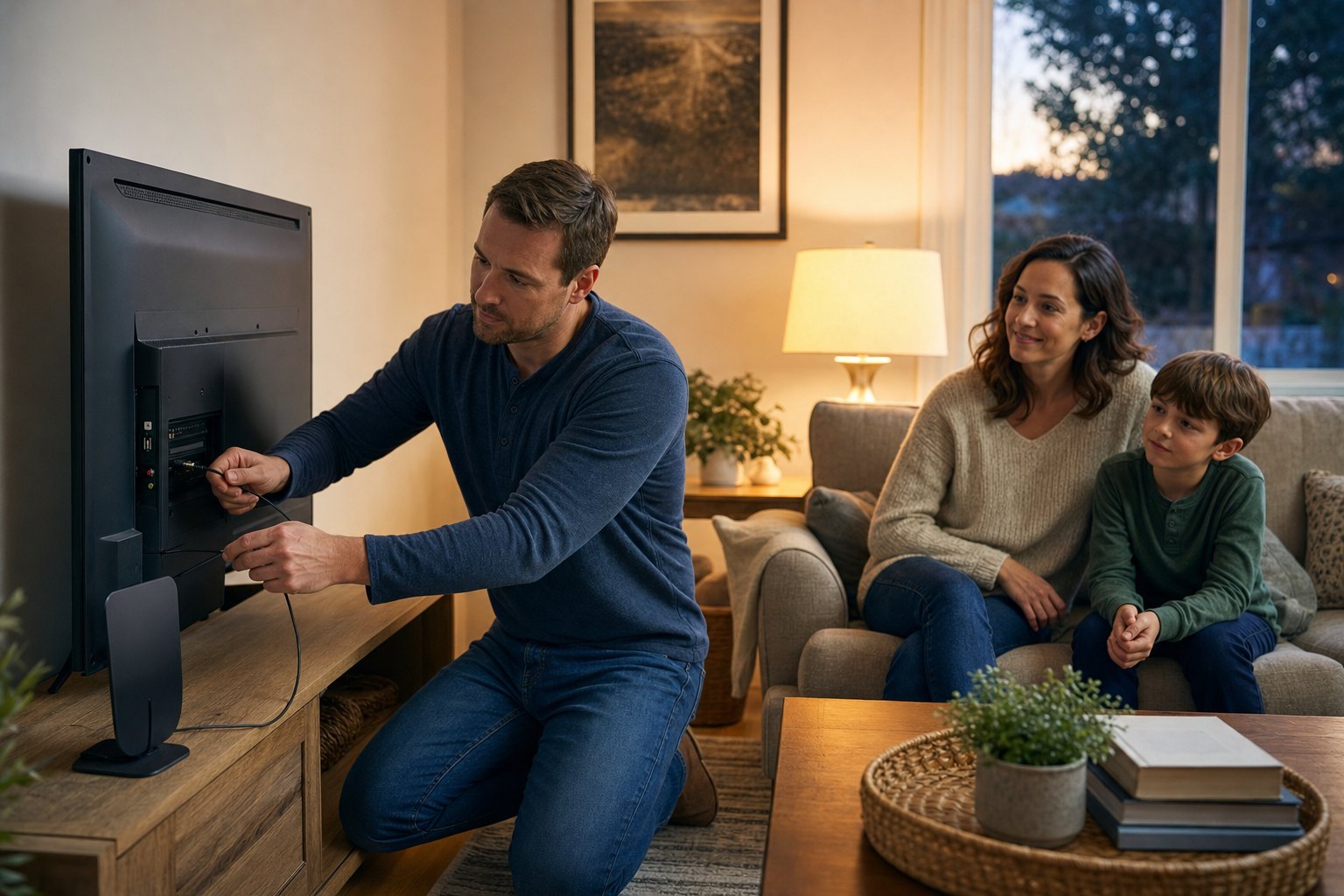 Household member connecting an indoor TV antenna in a living room