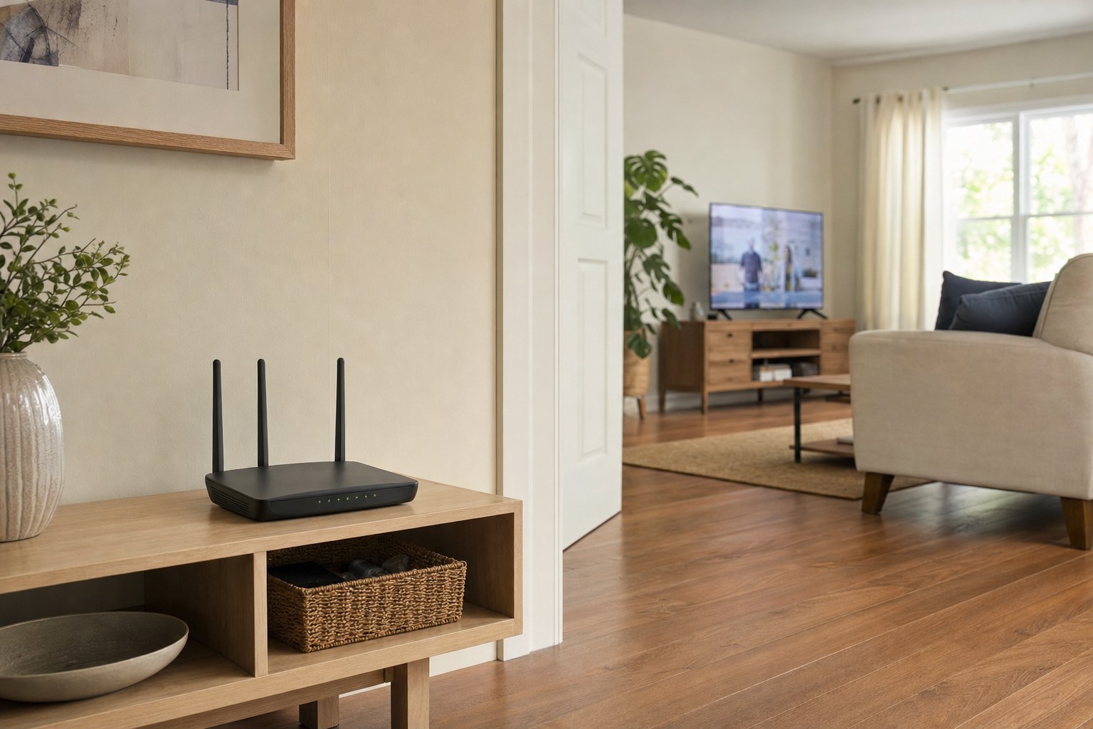 Wi-Fi router placed openly near the center of a home