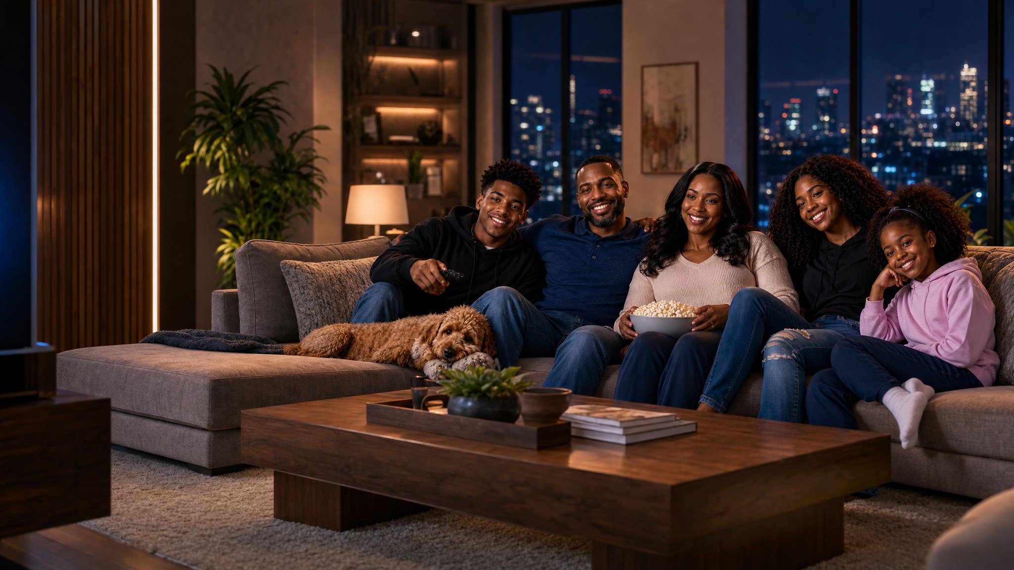 Family enjoying television together at home