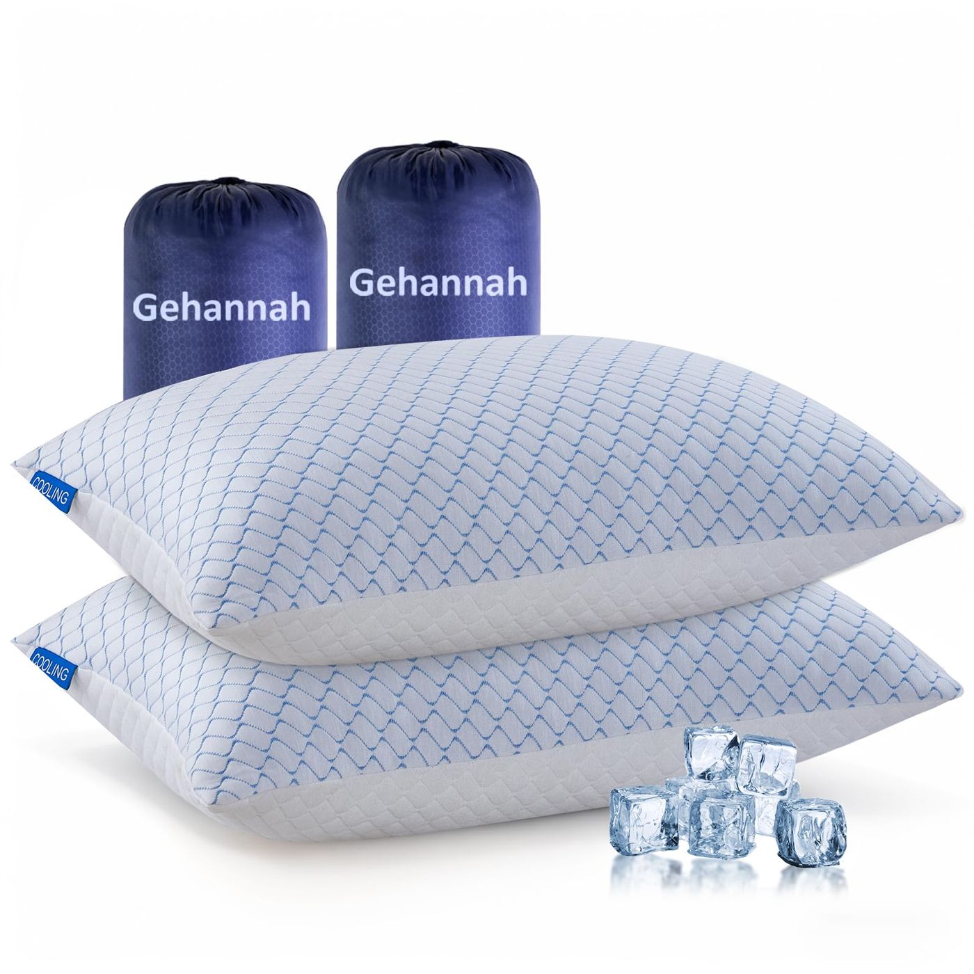 Two memory foam camping pillows with their blue storage bags