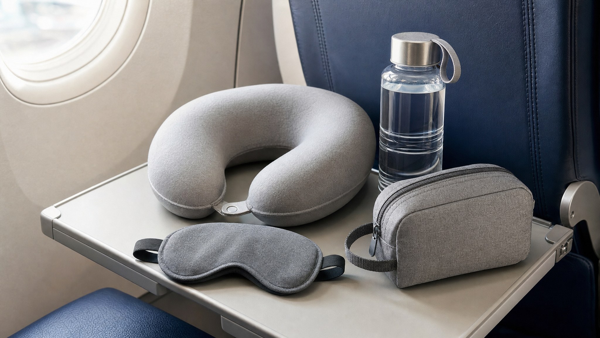 Travel pillow, eye mask, water bottle, and travel pouch on an airplane tray table