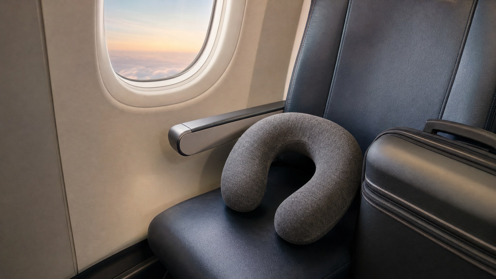 Gray travel pillow on an airplane window seat beside a carry-on bag