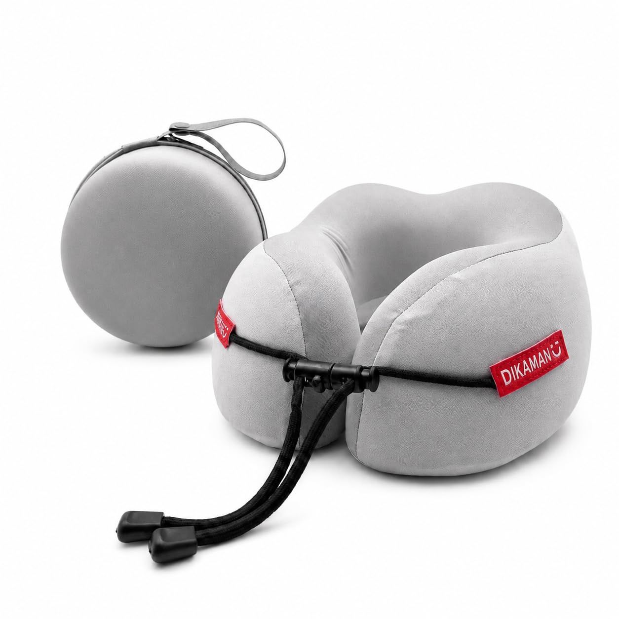 U-shaped gray travel pillow with an adjustable front cord and storage case