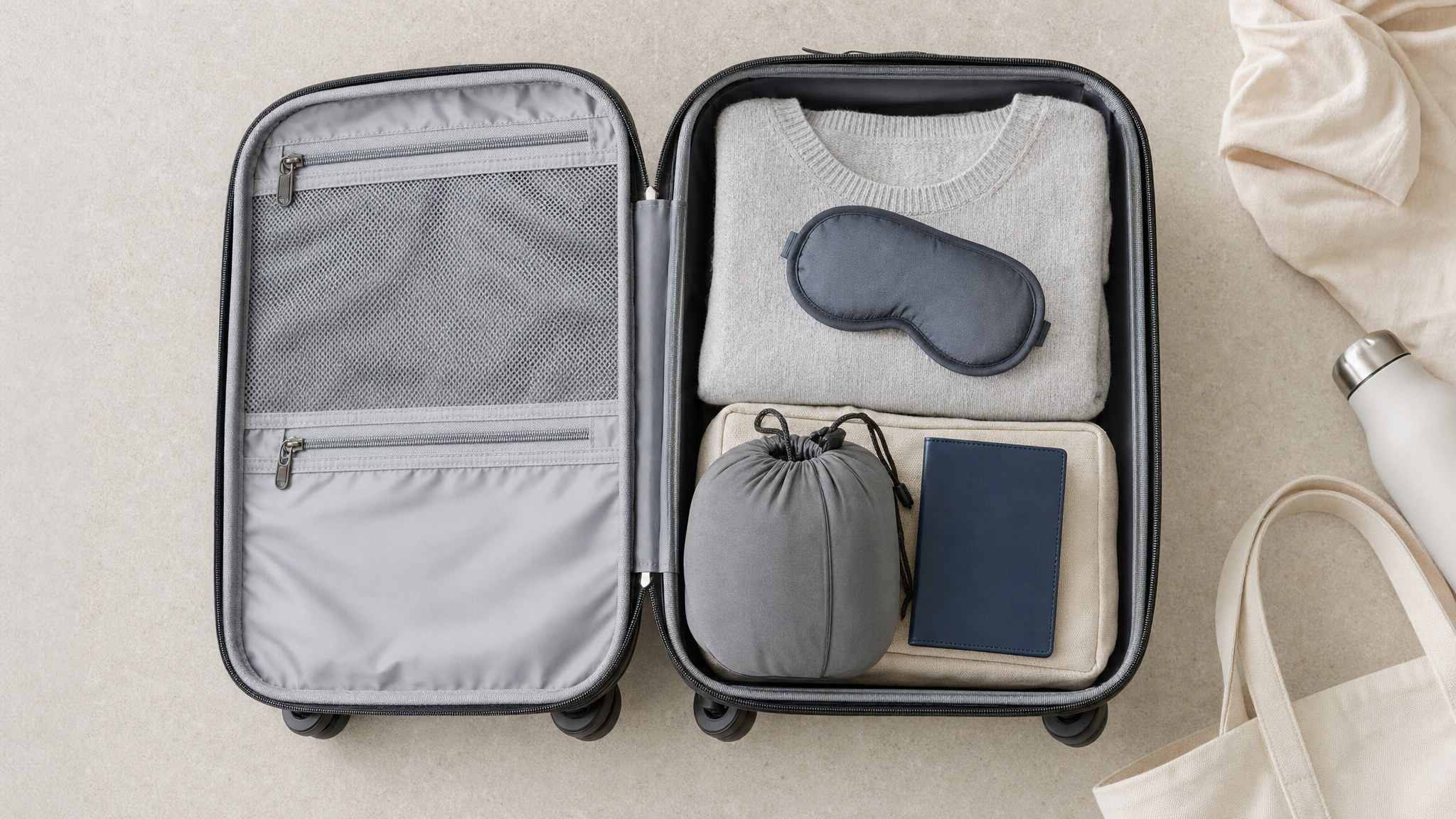 Compact gray travel pillow in a carry-on suitcase with travel essentials