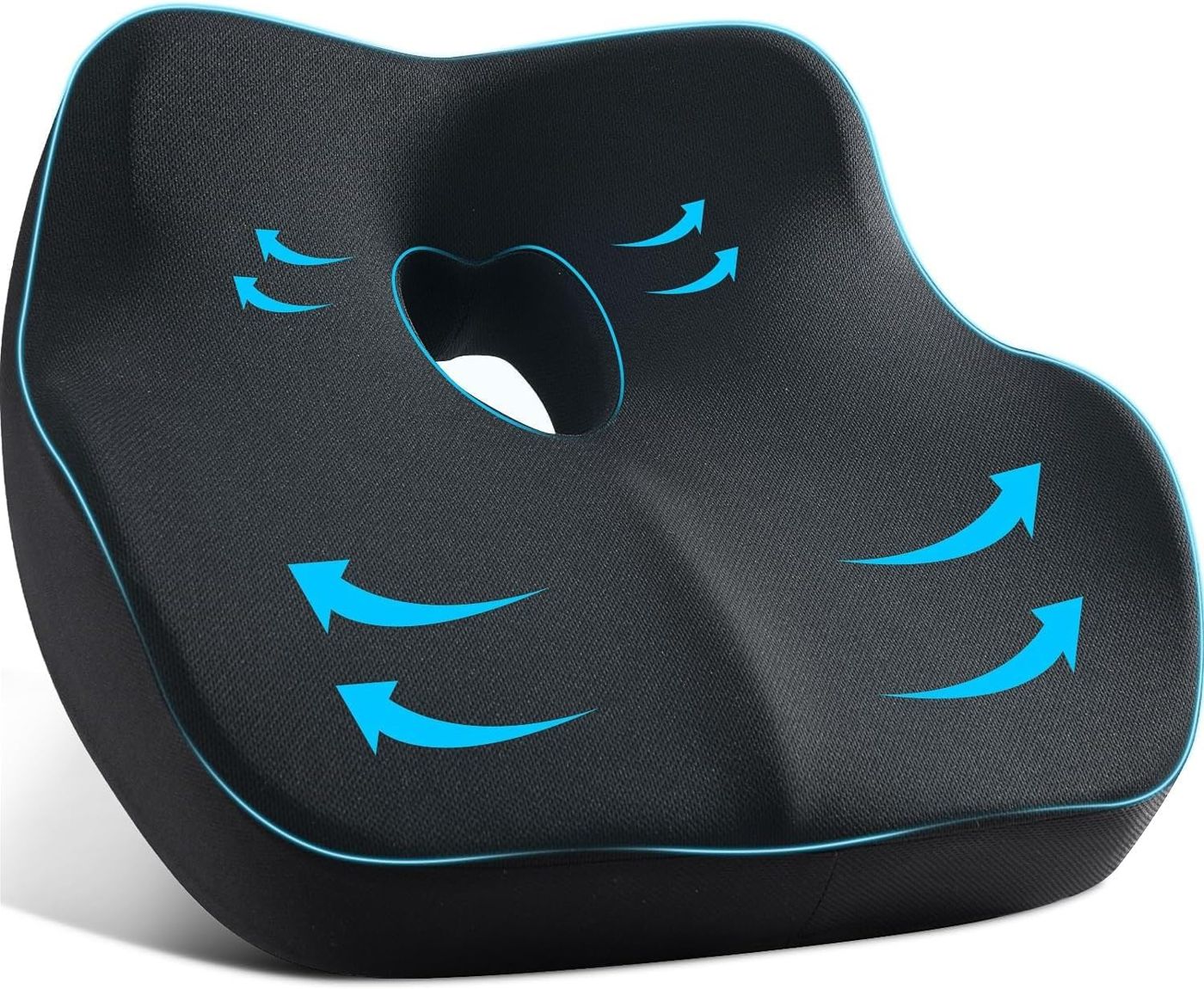 Black contoured memory foam seat cushion with a blue accent