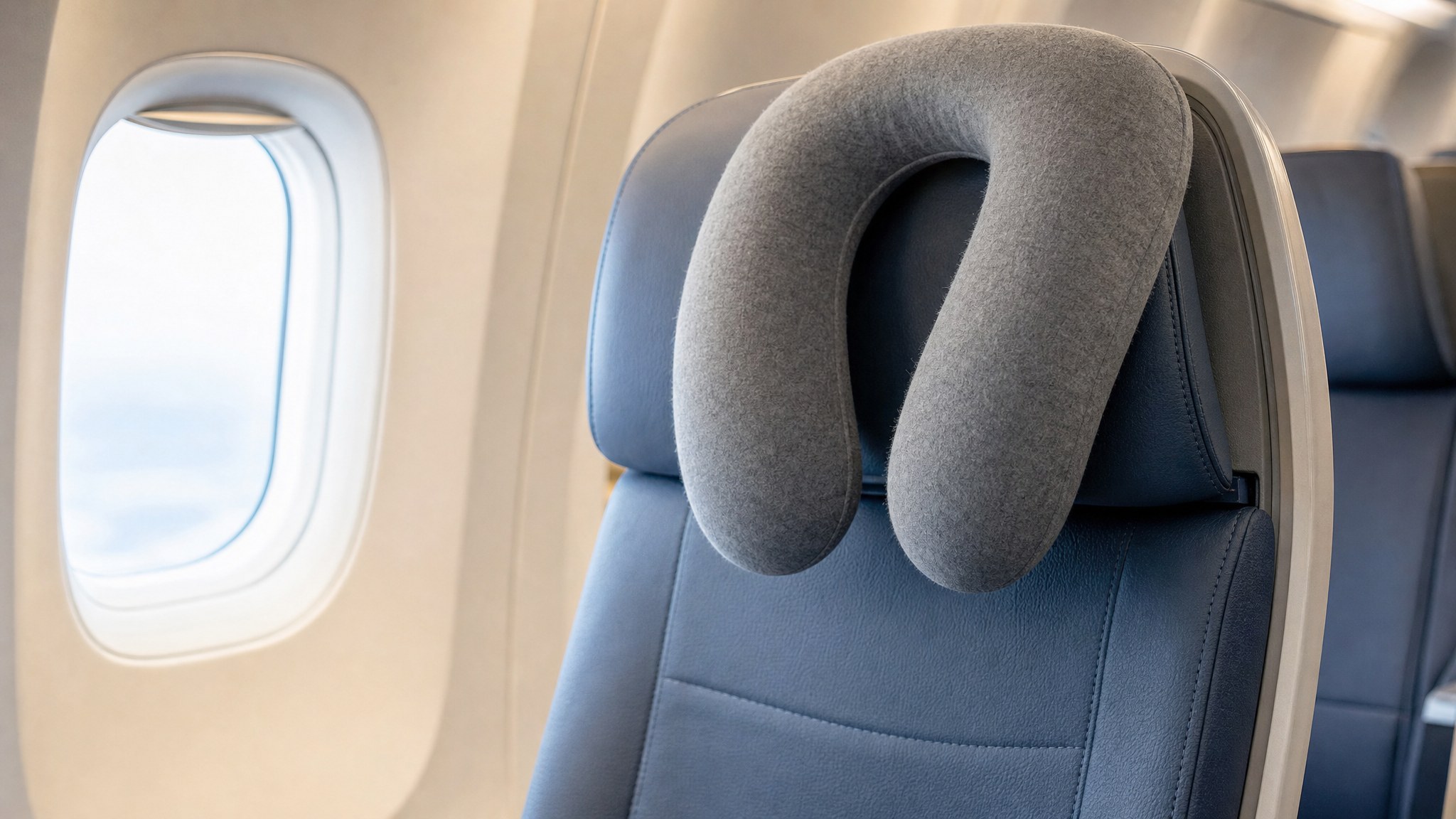 Gray U-shaped travel pillow positioned against an airplane seat headrest